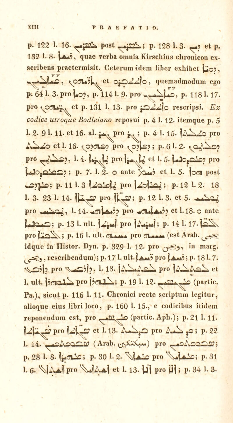 P- 122 1. 16- «-.ijsaL post p. 128 1.3. et p. 132 1. 8- Ia*?, quae verba omnia Kirschius chronico» ex- scribens praetermisit. Ceterum idem liber exhibet fcc?, , * ocujL. et , quemadmodum ego 31 , ^ v i5757 p. 64 1. 3. pro J40?, p. 114 1. 9. pro p. 118 1. 17. pro ^offUj^et p. 131 1. 13. pro rescripsi. Ex codice utroque Bodleiano reposui p. 4 1. 12. itemque p. 5 1.2. 9 1.11. et 16. al. j^pro p. 4 1. 15. pro et 1.16- ^opcvsp pro * o?ls?; p. 6 1. 2. pro 1. 4. pro et 1.5. UJ^i—’ pro Uta to!LflS?; p- 7. 1. 2. o ante )c.«*5 et 1. 5- joci post «-crjio; p. 111. 3 i^Qicj.4 Pro ; p. 12 1. 2. 18 1. 3- 23 1. 14- pro jj.^; P* 12 1. 3. et 5. pro , 1.14. ^Glj.A»?p pro et 1.18. O ante p. 13 1. ult. pro p. 141.17- pro ; p. 16 1. ult. pro (est Arab. lJ^P. idque in Ilistor. Dyn. p. 329 1. 12- pro in marg. rescribendum); p. 17 1. ult.^A^? pro p. 181-7. pro 1* 18. pro et 1. ult. j?cial^ pro jjflVlli,; p. 19 1- 12- —~-0 (partic. Pa.), sicut p. 116 I* 11* Chronici recte scriptum legitur, alioque eius libri loco, p. 160 1. 15-, e codicibus itidem reponendum est, pro ^m-lo (partic. Aph.); p. 21 1. 11. pro j/4—et I* 13. pro gs; p. 22 1. 14. ^kSAsOQ.S7 (Arab. ) pro ; p. 28 i. 8- p. 30 1. 2- pro ^4aLc; p. 31