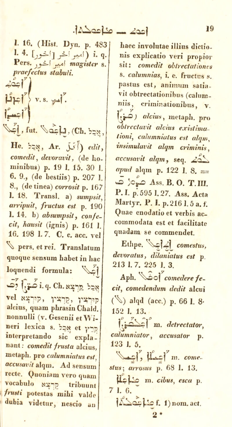 1. 16. (Iiist. Djn. p. 483 i. q. 1. 4. [ , Pers. praefectus stabuli magister $. ■ P. \V j pvr v.s. ^r. C-f| , fui. \ci)4, (Ch. V:n , He. rex, Ar. Jif) «?i/, comedit, devoravit, (de ho- minibus; p. 19 1. 15. 30 1. 6. 9., (de bestiis) p. 207 ]. 8., (de tinea) corrosit p. 167 1. 18. Transi, a) sumpsit, arripuit, fructus est p. 190 1. 14. b) absumpsit, confe- cit, hausit (ignis) p. 161 J. 16. 198 1. 7. C. c. acc. vel ^ pers. et rei. Translatum quoque sensum habet in hac loquendi formula: -v y % '-S? hir3 i. q. Ch. NSpJ? yei •pnp, r^p alcius, quam phrasin Chald. nonnulli (v. Gesenii et Wi- neri lexica s. VpN et interpretando sic expla- nant : comedit frusta alcius, metaph. pro calumniatus est. accusant alqm. Ad sensum recte. Quoniam vero quam vocabulo Nipp tribuunt frusti potestas mihi valde dubia videtur, nescio an haec involutae illius dictio- nis explicatio veri propior sit i comedit obtrectationes S. calumnias, i. e. fructus s. pastus est, animum satia- vit obtrectationibus (calum- niis, criminationibus, v f y alcius, metaph. pro obtrectavit alcius existima- tioni, calumniatus est alqm, insimulavit alqm criminis, accusavit alqm, seq. . apud alqm p. 122 1. S. = Ass. B. O. T. III. P. I. p. 595 1.27. Ass. Acta Martyr. P. I. p. 216 1.5 a. f. Quae enodatio et verbis ac- commodata est et facilitate quadam se commendet. Etlipe. comestus, si/ wvy devoratus, dilaniatus est p. 213 I. 7. 225 1. 3. Aph. \ioj comedere fe- cit, comedendum dedit alcui (\) alqd (acc.) p. 66 1. 8* 152 I. 13. y y\ 'x0 |. j m. detrectator, calumniator, accusator p. 123 J. 5. j LL.J m. come- =c a* stus; arrosus p. 68 1. 13. in. cibus, esca p. 7 1. 6. f. l)nom. act. 2 *