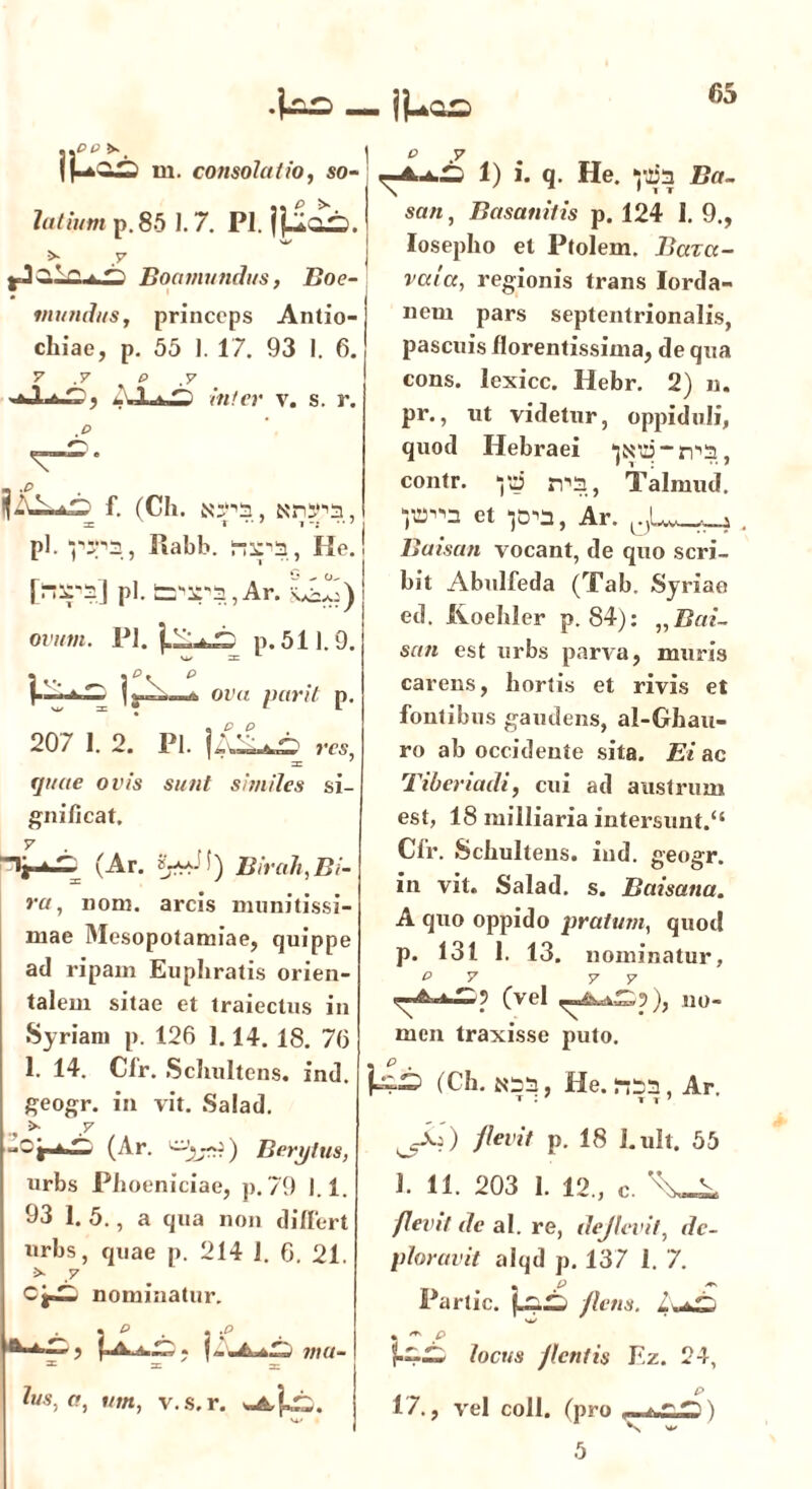 — ij^aA | f-k—^ m. consolatio, so- lotium p.85 J. 7. Pl. w > y f J ~’,r a Boomundus, Boe- mundus, princeps Antio- chiae, p. 55 1. 17. 93 I. 6. 7 y t> v j.^2, inter v. s. r. f. (Ch. ayo, Nnyo, pl. ‘pyra, Rabb. nir3, Ke. [r^J pl. fc^ro^Ar. jUJ) ovum. Pl. p. 511.9. W X 1 • « p. p lr^*—*■ owa p. 207 1. 2. Pl. ]::LjD res, quae ovis sunt similes si- gnificat, 7 • .. V-* ^ (Ar. Birah,Bi- ru, no®, arcis munitissi- mae Mesopotamiae, quippe ad ripam Euphratis orien- talem sitae et traiectus in Syriam p. 126 1.14. 18. 76 1. 14. Cfr. Schultens. ind. geogr. in vit. Salad. , >■ v 'CftZi (Ar. ^jrrr) Berijlus, urbs Phoeniciae, p. 79 I 1 93 1. 5., a qua non differt urbs, quae p. 214 1. 6. 21. .7 CLZZ nominatur. pLi.r;. j- 31 = a; ?wv, «, '<rn, v.s.r. mu- 1) i. q. He. p.33 Ba- san, Basanitis p. 124 1. 9., losepho et Ptolem. Baxcc- vccta, regionis trans Iorda- nem pars septentrionalis, pascuis llorentissima, de qua cons. lexicc. Hebr. 2) n. pr., ut videtur, oppiduli, quod Hebraei ‘jNlli “ tvo, contr. m3, Talmud. et -joia, Ar. Baisan vocant, de quo scri- bit Abulfeda (Tab. Syriae ed. Koehler p. 84): „ Bai- san est urbs parva, muris carens, hortis et rivis et fontibus gaudens, al-Ghau- ro ab occidente sita. Ei ac Tiberiadi, cui ad austrum est, 18 milliaria intersunt.“ Cfr. Schultens. ind. geogr. in vit. Salad. s. Baisana. A quo oppido pratum, quod p. 131 1. 13. nominatur, P 7 V y (vel I. \1 L) 110- men traxisse puto, jtii? (Ch. £03, He. 1333, Ar. /levit p. 18 1.ult. 55 1. 11. 203 1. 12., c. U, flevit de ai. re, deflevit, de- ploravit alqd p. 137 1. 7. Partic. jLgiXlj /lens. % P r“~ locus /lentis Fz. 24, P 17., vel coli, (pro 5