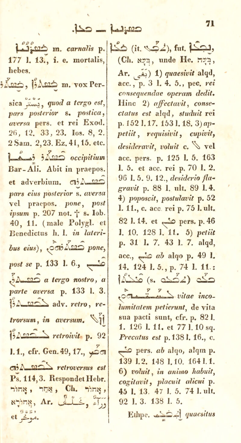 f T; m. carticths p. 177 1. 13., i. e. mortalis, hebes. A.S1S m. vox Per- sica joII, </«Of? a tergo est, pars posterior s. postica, aversa pers. et rei Exod. 26, 12. 33, 23. los. 8, 2. 2Sam. 2,23. Ez. 41,15. etc. Bar-Ali. 7 ers occipitium Abit in praepos. /TN et adverbium. pars eius posterior s. aversa vel praepos. pone, post ipsum p. 207 not. *J* s. Iob. 40, 11. (ruale Polygl. et Benedictus h. 1. in luteri- >■ ^ 7 <« lus eius), <0<31?Al2S pone, post se p. 133 1. 6., ^ /TN ^A- a tergo nostro, a parte aversa p. 133 1. 3. ]3A adv. retro, re- trorsum, in aversum. ''Vi j ' w p * rctroivit p. 92 1.1., cfr. Gen. 49,17., (1?2. V.?TT. « retroversus est w Ps. 114,3. Respondet Hebr. •vinN , ‘inx , Ch. •firiN , ifririN, Ar. tijj 0 s E » et -j (it. ^42), fiit. (Ch. N?a, unde Ile. !“;;‘a, Ar. _jb) 1) quaesivit alqd, acc., p. 3 I. 4. 5., pec. rei consequendae operam dedit. Hinc 2) affectavit, conse- ctatus est alqd, studuit rei p. 152 1.17. 1531.18. 3) ap- petiit , requisivit, cupivit, desideravit, voluit c. \s vel acc. pers. p. 125 1. 5. 163 1. 5. et acc. rei p. 70 1. 2. 96 1. 5. 9. 12., desiderio fla- gravit p. 88 1. ult. 89 1.4. 4) poposcit, postulavit p. 52 1. 11., c. acc rei p. 75 1. ult. 82 1.14. et r«nO pers. p. 46 1. 10. 128 1. 11. 5) petiit p. 31 1. 7. 43 1. 7. alqd, acc., ab alqo p. 49 1. 14. 124 1. 5., p. 74 1. 11.: , e, * 7 v Y (s. d.2 vitae inco- lumitatem petierunt, de vita sua pacti sunt, cfr. p. 82 I. 1. 126 1. 11. et 771. 10 sq. Precatus est p. 1381. 16., c. pers. ab alqo, alqm p. 139 1.2. 148 1.10. 1641.1. C) voluit, in animo habuit, cogitavit, placuit alicui p. 45 1. 13. 47 1. 5. 74 1. ult. 92 1. 3. 138 1. 5. Ethpe. quaesitus