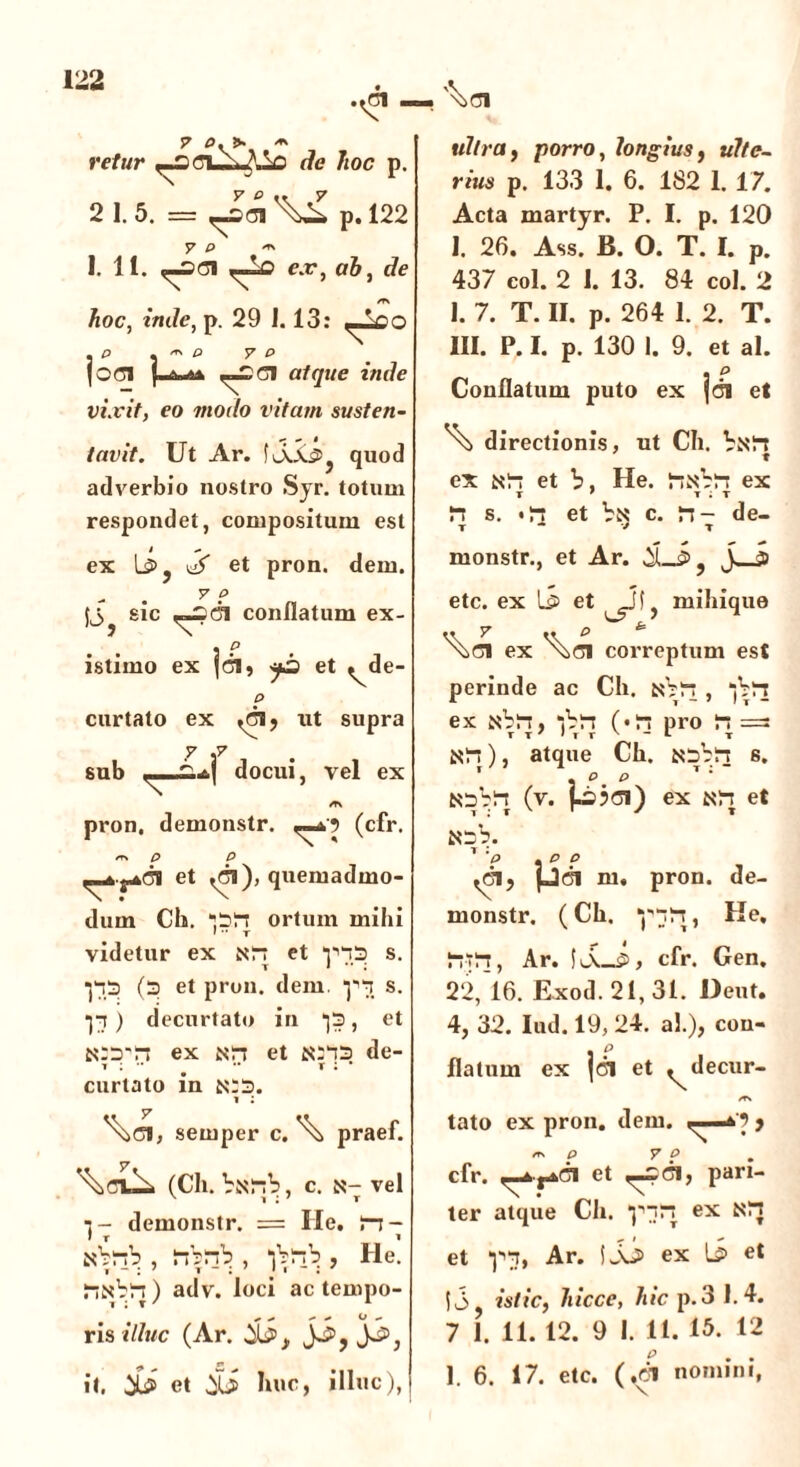 7 O. >• ^ r '_£<3U^2£i rf<? 7/oc p. 2 1.5. = ^^p. 122 7 0 <*» 1. 11. ,-S0i ^-lo ex, ab, de hoc, inde, p. 29 1.13: ^00 . P « p 7 P 1001 ^£01 atque inde vixit, eo modo vitam susten- tavit. Ut Ar. faAs^ quod adverbio nostro Sjr. totum respondet, compositum est ex li>? et pron. dem. - . 7 ? sic ,=201 conflatum ex- istimo ex fdl, et ^de- p curtato ex ^01 ? ut supra y f sub docui, vel ex /TN pron. demonstr. ^-a'5 (cfr. *rs p P ^4^401 et ^01), quemadmo- dum Cii. “'310 ortum mihi I •• T videtur ex N!0 et yi03 s. ■p3 (3 et pron. dem. yn s. ■J0) decurtato in *]3, et ex Nit et K203 de- curtato in n:3 1 : y Vi, semper c. praef. ^01^ (Ch. bst-jb, c. N- vel ■j - demonstr. = He. n - Nbr;b , Mbnb , ib^b > He. MNbM) adv. loci ac tempo- ris illuc (Ar. it. et SS huc, illuc), '^>OI ultra, porro, longius, ulte- rius p. 133 I. 6. 182 1. 17. Acta martyr. P. I. p. 120 I. 26. Ass. B. O. T. I. p. 437 coi. 2 1. 13. 84 coi. 2 1. 7. T. II. p. 264 1. 2. T. III. P. I. p. 130 I. 9. et al. . P Conflatum puto ex joi et directionis, ut Ch. bs!0 t ex et b, He. Jiabi-r ex n s. «rt et bN c. n- de- T ** '* T monstr., et Ar. S-J>, J_J> etc. ex 15» et mihique Vi ex correptum est perinde ac Ch. Nb!0 , “jbri ex N'brj, ■jbn («Jj pro ti =* N2-j), atque Ch. sobrt s. N3b!-t (v. lAJi) ex Ni0 et N3b. 1 ‘p . p p ^01 j p0l m. pron. de- monstr. (Ch. “pjfr, Ke, !TTi0, Ar. , cfr. Gen. 22, 16. Exod. 21, 31. Dent. 4, 32. Iud. 19, 24. a!.), cou- . P flatum ex jdl et ^decur- /T\ tato ex pron. dem. f /T. p 7 P ' cfr. <-4-,*0i et ^ci, pari- ter atque Ch. •piri ex NH et *p0, Ar* ex ^ et ii istic, hicce, hic p.3 1.4. 7 I. 11. 12. 9 I. 11. 15. 12 1. 6. 17. etc. (,rll nomini,
