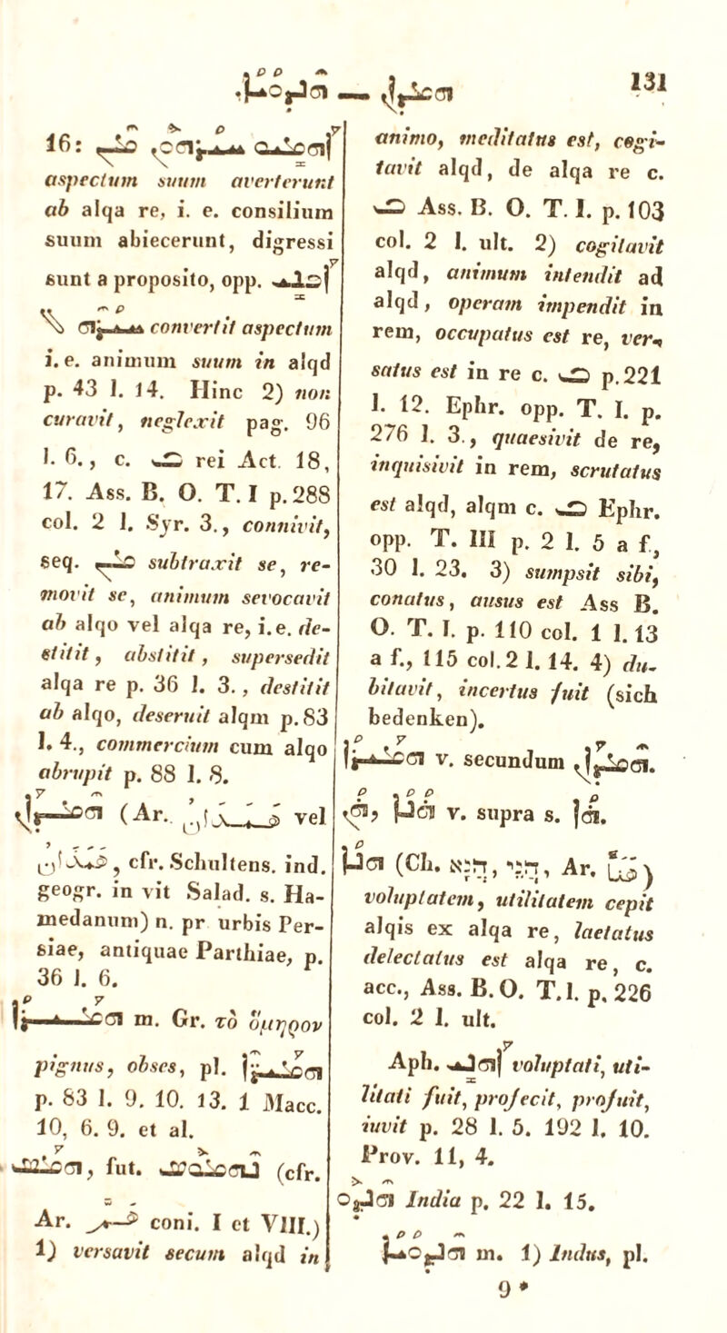 .pCjJoi . ** ^ o .y 16: a^iccij aspectum suum averterunt ab alqa re, i. e. consilium suum abiecerunt, digressi y sunt a proposito, opp. ^Isj \> convertit aspectum i. e. animum suum in alqd p. 43 1. 14. Hinc 2) non curavit, neglexit pag. 96 1- 6., c. ^ rei Act 18, 17. Ass. B. O. T. I p. 288 coi. 2 1. Syr. 3., conti ivit, seq. r° subtraxit se, re-\ niovit sr, animum sevocavit ab alqo vel alqa re, i.e. de- stitit , abstitit, supersedit alqa re p. 36 I. 3., destitit ab alqo, deseruit alqm p. 83 1. 4., commercium cum alqo abrupit p. 88 i. 8. S7»' ’ - , , (Ar- nL\—vel J T  - cfr. Schultens. ind. geogr. in vit Salad. s. Ha- inedanum) n. pr urbis Per- siae, antiquae Parthiae, p 36 1. 6. p ^ y f * m. Gr. ro b/LtrjQov animo, meditatus est, cogi* lavit alqd, de alqa re c. Ass. B. O. T. I. p. 103 coi. 2 1. ult. 2) cogitavit alqd, animum intendit ad alqd, operam impendit in rem, occupatus est re, ver satus est in re c. ^ p.221 1. 12. Ephr. opp. T. I. p. 276 1. 3., quaesivit de re, inquisivit in rem, scrutatus est alqd, alqm c. ^ Ephr. opp. T. III p. 2 1. 5 a f, 30 1. 23. 3) sumpsit sibi, conatus, ausus est Ass B. O. T. I. p. 110 coi. 1 1.13 a f., 115 coi. 2 1. 14. 4) du- bitavit, incertus fuit (sich bedenken). if* v. secundum ? \p ? 'o tCS, pej v. supra s. foi. \Ja (Cii. wh, v.*, Ar. [£) voluptatem, utilitatem cepit alqis ex alqa re, laetatus delectatus est alqa re c. acc., Ass. B. O. T.l. p. 226 coi. 2 1. ult. pignus, obses, pl. p. 83 1. 9. 10. 13. 1 Mace. 10, 6. 9. et al. y v '^2_csi, fut. (cfr> w ~ •Ar. Coni. I et VlII.) versavit secum alqd in Aph. ^Jq| voluptati, uti- litati fuit, projecit, projuit, iuvit p. 28 1. 5. 192 1. 10. Prov. 11, 4. <Tl Ogjf?! India p. 22 I. 15. • P P ees pCjJ'?! m. 1) Indus, pl. 9 *