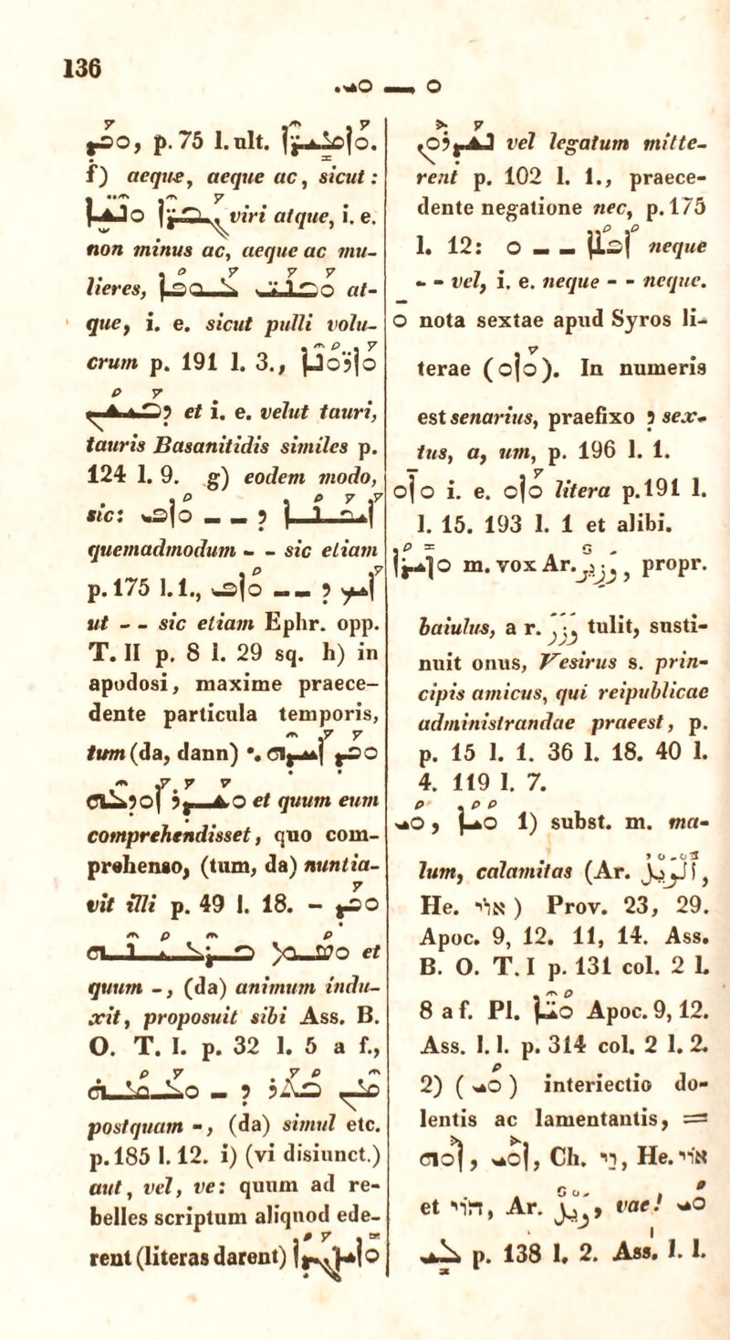 .*o o 1^)0, p. 75 l.ult. jf^ojo. f) aeque, aeque ac, sicut: I ««/rs /rs y |-4Jo jj-Q.. viri atque, i. e. non minus ac, aeque ac mu- lieres, ^JlLzo at- que f i. e. sicut pulli volu- crum p. 191 1. 3., jjojjo P Y et i. e. velut tauri, tauris Basanitidis similes p. 124 1. 9. g) eodem modo, . 1° 5 f 7 f sic: y,s|o - — ? ( 1 quemadmodum - - sic etiam p. 175 1.1., ws|o 5 y4 ut - - sic etiam Ephr. opp. T. II p. 8 I. 29 sq. h) in apodosi, maxime praece- dente particula temporis, ~ .7 7 tum (da, dann) \ ^ A ^ e/ quum eum comprehendisset, quo com- prehenso, (tum, da) nuntia- vit illi p. 49 1. 18. - jio p ers p /n i . ^ ^ VL-ggQ et quum -, (da) animum indu- xit, proposuit sibi Ass. B. O. T. I. p. 32 1. 5 a f., p y y p ers postquam -, (da) simul etc. p.185 1.12. i) (vi disiunct.) aut, vel, ve: quum ad re- belles scriptum aliquod ede- rent (literas darent) jj^*jo > 7 ^09j~aJ vel legatum mitte- rent p. 102 1. 1., praece- dente negatione nec, p. 175 ..p f 1. 12: O _ _ |i£{ neque - - vel, i. e. neque - - neque. O nota sextae apud Syros li- terae (ojo). In numeris est senarius, praefixo 9 sex* tus, a, um, p. 196 1. 1. ojo i. e. ojo Utera p.191 1. 1. 15. 193 1. 1 et alibi. ~ . G - !H° m. vox Ar.^ajj ? propr. baiuhis, a r. tulit, susti- nuit onus, Vesirus s. prin- cipis amicus, qui reipublicae administrandae praeest, p. p. 15 I. 1. 36 1. 18. 40 1. 4. 119 1. 7. p .pp ■+0, |-aO 1) subst. m. ma- 9 O lum, calamitas (Ar. JojJ i, He. ■''jn ) Prov. 23, 29. Apoc. 9, 12. 11, 14. Ass. B. O. T. I p. 131 coi. 2 1. 8 a f. Pl. jilo Apoc. 9,12. Ass. 1.1. p. 314 coi, 2 1. 2. P 2) ( ^O ) interiectio do- lentis ac lamentantis, =2 Cio*!, *oj, Ch. 15, He.•nN et •'■irt, Ar. J/, vae! ■jk p. 138 1. 2. Ass. 1.1. 3K *