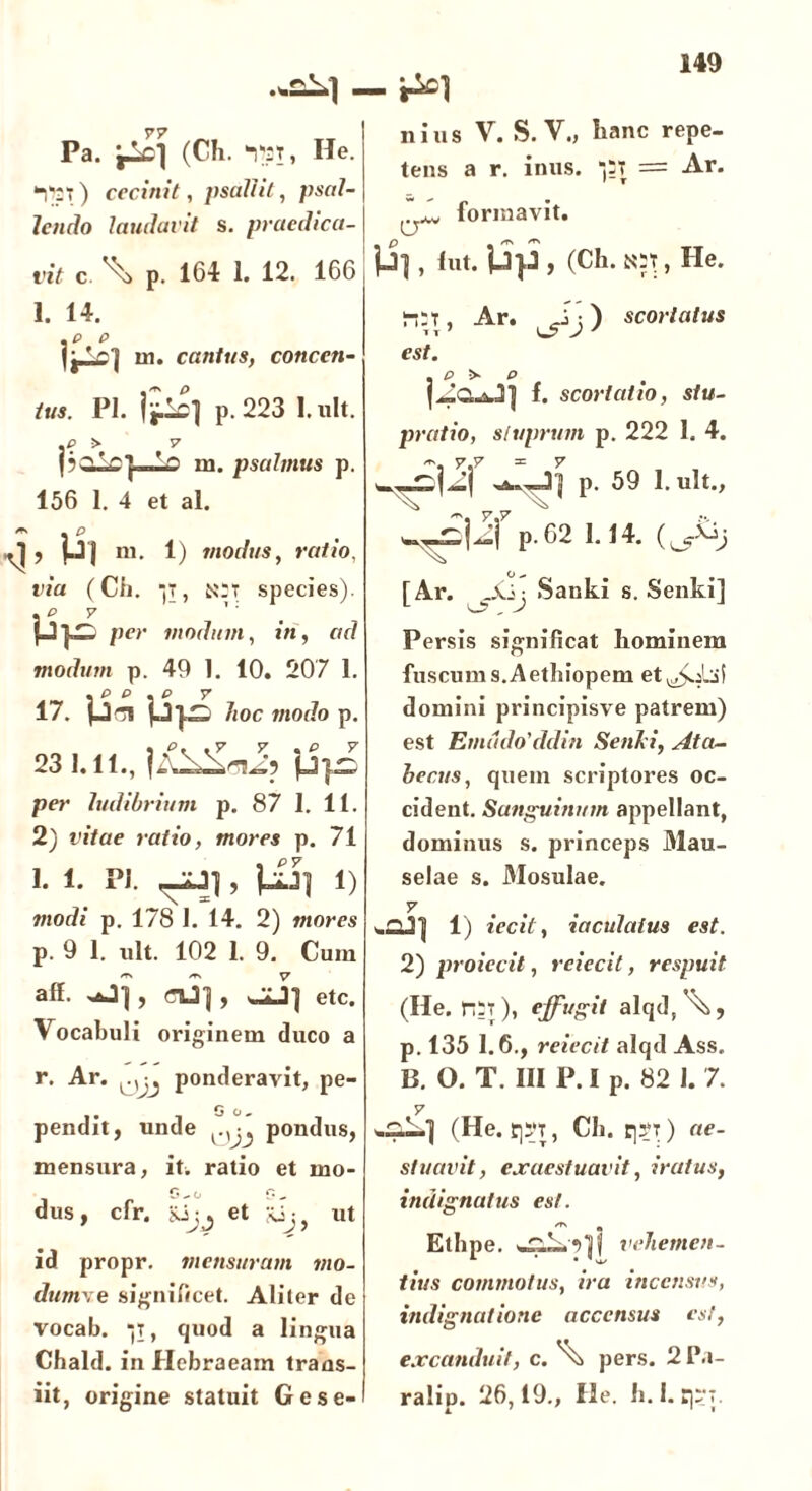 — &} Pa. (Ch. T3T, Ile. *-l’>2T ) cecinit, psallit, psal- lendo laudavit s. praedica- vit c. ^ p. 164 1. 12. 166 1. 14. .e p V j in. cantus, concen- tus. Pl. 1^] p. 223 l.ult. .e > 7 pa-g]—Jr> m. psalmus p. 156 1. 4 et al. m p ^ , p | m. 1) modus, ratio, via (Ch. “)T, N3T species). \p y ~ ': Pper modum, in, ad modum p. 49 1. 10. 207 1. . P P . P 7 17. p^l p p. hoc modo p. 23 1.11., per ludibrium p. 87 1. 11. 2) vitae ratio, mores p. 71 1.1, pj. i, UI] i) modi p. 178 I. 14. 2) mores p. 9 1. ult. 102 1. 9. Cum aff. oJ], wiJ] etc. Vocabuli originem duco a r. Ar. ponderavit, pe- pendit, unde pondus, mensura, it. ratio et mo- G-o C-, dus, cfr. jLijj et Joj, ut id propr. mensuram mo- dumve significet. Aliter dc vocab. -jt , quod a lingua Chald. in Hebraeam trans- iit, origine statuit Gese- nius V. S. V., hanc repe- tens a r. inus. *|2T = Ar. formavit. ]j}, fut. iip , (Ch. , He. !-pT , Ar. J: ) scortatus lt' O > est. . p ■> p f. scortatio, stu- pratio, stuprum p. 222 1. 4. w—j J] p. 59 l.ult., -piifp-62 1.14. [Ar. , „vj: Sanki s. Senki] Persis significat hominem fuscum s Aethiopem et^jLif domini principisve patrem) est Emddo' ddin Senki, Ata- becus, quem scriptores oc- cident. Sanguinum appellant, dominus s. princeps Mau- selae s. Mosulae. v <.2J] 1) iecit, iaculatus est. 2) proiecil, reiecit, respuit (He. n:T), effugit alqd,\, p. 135 1.6., reiecit alqd Ass, B. O. T. III P. I P. 82 1. 7. (He. r^r, Ch. q?T) ae- stuavit, exaestuavit, iratus, indignatus est. Ethpe. vehemen- tius commotus, ira incensus, indignatione accensus es!, excanduit, c. ^ pers. 2 Pa- ralio. 26,19., Ile. h. I. rp;r.