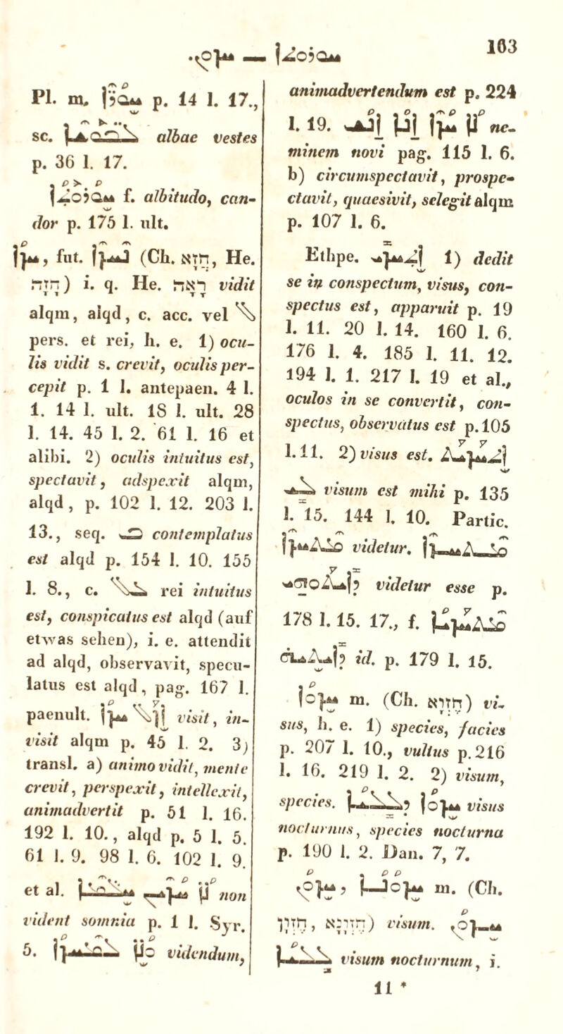 Pl. m, |5cL p. 14 1. 17., w * 7 5 ^ ► ••• sc. albae vestes p. 36 1. 17. . e,*, p f. albitudo, cnn- w r/or p. 175 1. ult. ]|**, fut. (Ch. sm, He. rrffi) i. q. He. ii in vidit T 1 7 1 T T alqm, aiqd, c. acc. vel ^ pers. et rei, h. e. 1) ocu- lis vidit s. crevit, oculis per- cepit p. 1 1. antepaen. 4 1. 1. 14 1. ult. 18 1. ult. 28 1. 14. 45 1. 2. 61 1. 16 et alibi. 2) oculis intuitus est, spectavit, adspexit alqm, alqd , p. 102 1. 12. 203 1. 13., seq. contemplatus est alqd p. 154 1. 10. 155 1. 8., c. ^ rei intuitus I est, conspicatus est alqd (auf etvas sehen), i. e. attendit ad alqd, observavit, specu- latus est alqd, pag. 167 1. paenult. ] \]j visit, in- visit alqm p. 45 1. 2. 3j transi, a) animo vidit, tuente crevit, perspexit, intellexit, animadvertit p. 51 I ifi 192 I. 10., alqd p. At 61 I. 0. 98 1. 6. 102 1. 9. i i t \ ~ e ”ip et al. pa—y |J non vident somnia p. 1 1. §yr 5. jio videndum, * w ✓ 103 animadvertendum est p. 224 P. , 0, .'t' P ,,P 1. 19. wfcjj jjj ||a4 |j ne- minem novi pag. 115 1. 6. b) circumspectavit, prospe- ctavit, (juaesivit, selegit alqm p. 107 1. 6. Ethpe. 1) dedit se in conspectum, v/Vi/s, co«- spectus est, apparuit p. 19 1. 11. 20 1. 14. 160 I. 6. 176 1. 4. 185 1. H. 12. 194 1. 1. 217 I. 19 et al., oculos in se convertit, con- spectus, observatus est p. 105 1.11. 2) visus est. * >4/ wsK/rt est mihi p. 135 ^ 1^* 10. Partic. videtur. videtur esse p. 178 1.15. 17., f. ruA^ip *Y7. p. 179 1. 15. i0}4* m. (Ch. *om) vi- s//s, Ii. e. 1) species, facies p. 20/ 1. 10., vultus p. 216 I# 16. 219 1. 2. 2) visum, species. | o|u visus nochnnus, species nocturna p. 190 1. 2. iian. 7, 7. m. (Ch. IJTO» NJITfi) visum nocturnum, i.