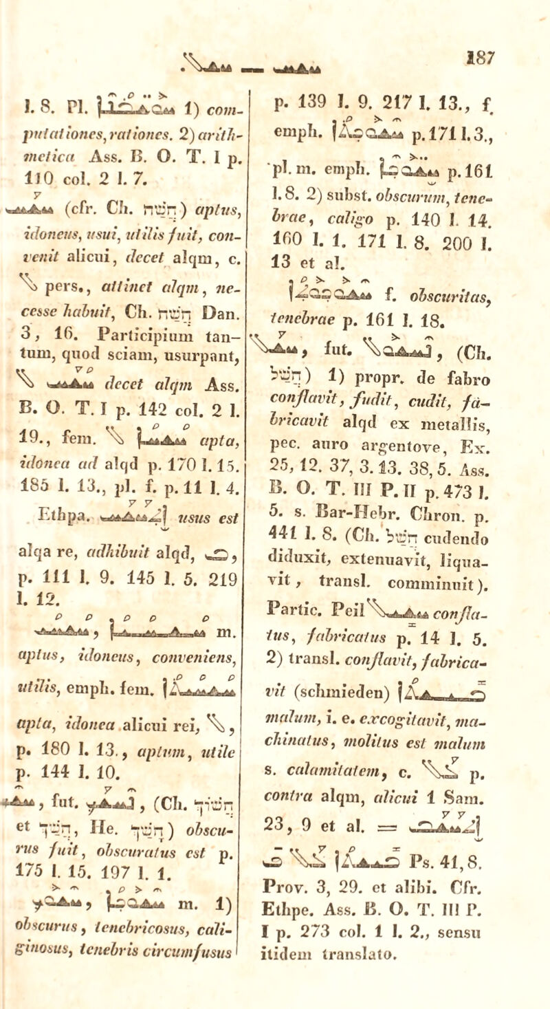 putationes, rationes. 2) arith- metica Ass. B. O. T. I p. 110 coi. 2 I. 7. 7 (cfr. Cii. rrdn) aptus, idoneus, usui, utilis fuit, con- venit alicui, decet alqm, c. pers., attinet alqni, ne- cesse habuit, Ch. rnuVi Dan. 3, 16. Participium tan- tum, quoti sciam, usurpant, « 7 e decet alqm Ass. B. O. T. I P. 142 coi. 2 1. 19., fem. 'o apta, idonea ad alqd p. 170 1.15. 185 1. 13., pl. f. p.H 1. 4. 7 y, r.tnpa. usus est M/ alqa re, adhibuit alqd, ^, p. 111 1. 9. 145 1. 5. 219 1. 12. e e . p o o —a—.t/, m. aptus, idoneus, conveniens, ut dis, empli. fem. j apta, idonea alicui rei, ^, p. 180 I. 13., aptum, utile p. 144 1. 10. ^ y er\ z&al , fut. , (Cii. ‘■jrdn et T^tJ) ) obscu- rus fuit, obscuratus est p. 175 I. 15. 197 1. 1. m . p > ■ , (4,3.4^ m. 1) obscurus, tenebricosus, cali- ginosus, tenebris circumfusus I p. 139 I. 9. 217 1. 13., f emph. jAsoAd* p. 1711,3., pl. m. empli. jjsOAa p.161 1.8. 2) subst. obscurum, tene- brae, caligo p. 140 1. 14. 190 I. 1. 171 1. 8. 200 !. 13 et al. Q.A4A f. obscuritas, tenebrae p. 161 1. 18. fut. (Ch. b^rt) 1) propr. de fabro conflavit, fudit, cudit, fa- bricavit alqd ex metallis, pec. auro argentove, Ex. 25, 12. 37, 3.13. 38,5. Ass. 15. O. T. m P.ir p.473 I. 5. s. Bar-Hebr. Chron. p. 441 1. 8. (Ch. blDrt cudendo diduxit, extenuavit, liqua- vit , transi, comminuit). Partic. Peil^x^Ata confla- ius, fabricatus p. 14 1. 5. 2) transi, conflavit, fabrica- vit (schmieden) malum, i. e. excogitavit, ma- chinatus, molitus est malum s. calamitatem, c. p. contra alqm, alicui 1 Sam. 23, 9 et ai. = w£^aJL»? j:^ Ps. 41,8. Prov. 3, 29. et alibi. Cfr. Ethpe. Ass. B. O. T. II! P. I p. 273 coi. 1 I. 2„ sensu itidem translato.