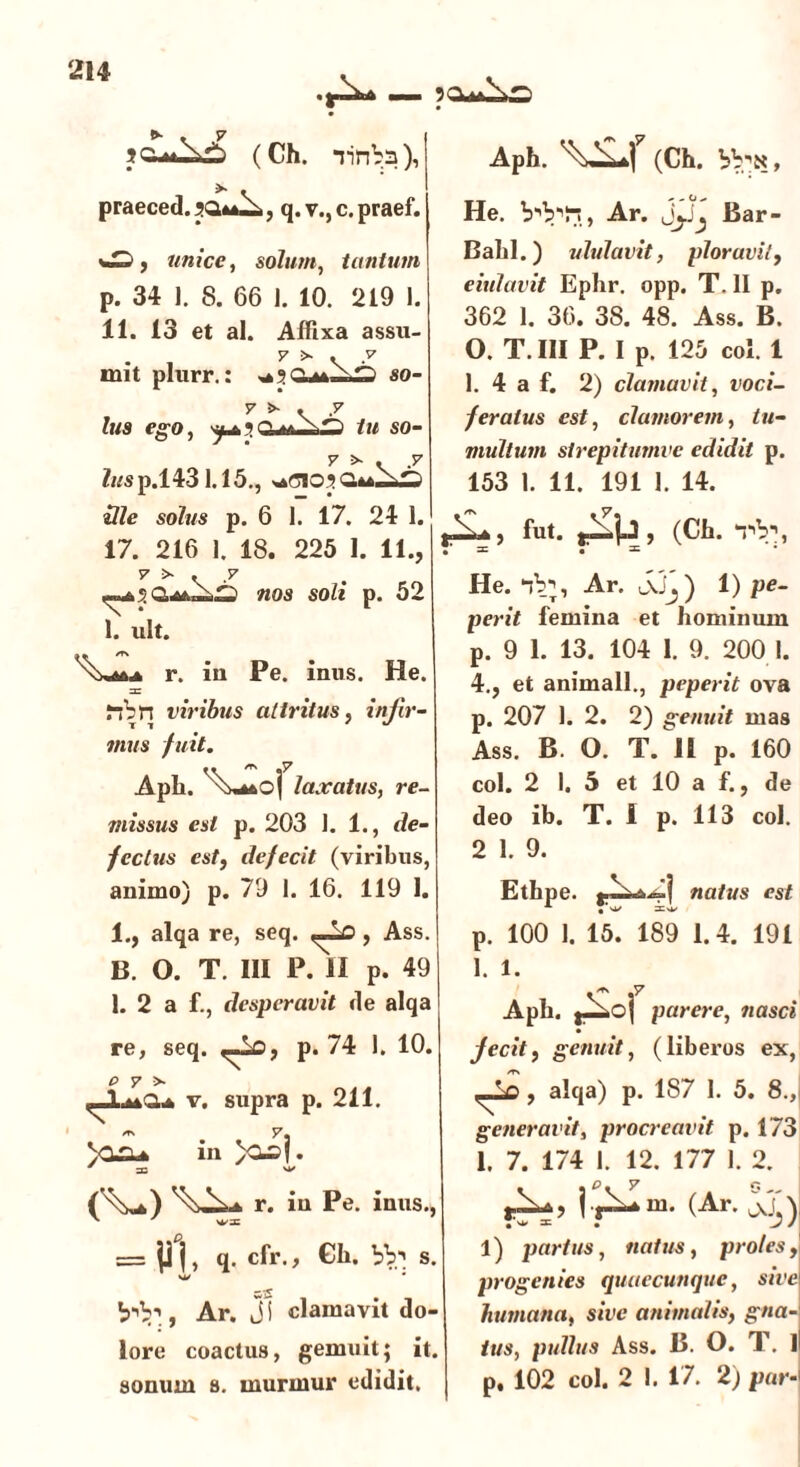 (Ch. Tinba), praeced. , q. v., c. praef. Aph. (Ch. bVw, wi, unice, solum, tantum p. 34 1. 8. 66 I. 10. 219 1. 11. 13 et al. Affixa assu- mit plurr.: so- y , y Y • j lus ego, /M 50- ?//s p.1431.15., wnos Ule solus p. 6 1. 17. 24 1. 17. 216 1. 18. 225 1. 11., v >■ . y «w.2 nos 5o/i p. 52 1. ult. r. ia Pe. inus. He. ar j-jbn viribus attritus, injir- 7/11/5 fuit. Aph. laxatus, re- missus est p. 203 1. 1., de- fectus est, defecit (viribus, animo) p. 79 1. 16. 119 1. 1., alqa re, seq. Ass. B. O. T. III P. II p. 49 1. 2 a f., desperavit de alqa re, seq. «-Io, p. 74 1. 10. p y >- '-l.Ma* v. supra p. 211. SQ£u in * =c 'v (\^) r. iu Pe. inus., = jj |, q. cfr., Ch. bbi s. Ar. Jl clamavit do- lore coactus, gemuit; it. sonum s. murmur edidit. He. Ar. Jp^ Bar- Bahl.) ululavit, ploravit, eiulavit Ephr. opp. T. II p. 362 1. 36. 38. 48. Ass. B. 0. T. III P. I p. 125 coi. 1 1. 4 a f. 2) clamavit, voci- feratus est, clamorem, tu- multum sirepitumvc edidit p. 153 1. 11. 191 1. 14. , fut. r—H ’ (Ch. -rV, He. *iVj, Ar. j\Jj) 1) pe- perit femina et hominum p. 9 1. 13. 104 I. 9. 200 1. 4., et animali., peperit ova p. 207 1. 2. 2) genuit mas Ass. B. O. T. II p. 160 coi. 2 I. 5 et 10 a f., de deo ib. T. I p. 113 coi. 2 1. 9. Ethpe. natus est • s*/ p. 100 I. 15. 189 1.4. 191 1. 1. s7 Aph. |_.o| parere, nasci jecity genuit, (liberos ex, , alqa) p. 187 1. 5. 8., generavit, procreavit p. 173 1. 7. 174 1. 12. 177 1. 2. (Ar- ^5) 1) partus, natus, proles, progenies quaecunque, sive humana, sive animalis, gna- tus, pullus Ass. B. O. T. ll p, 102 coi. 2 I. 17. 2) par-'