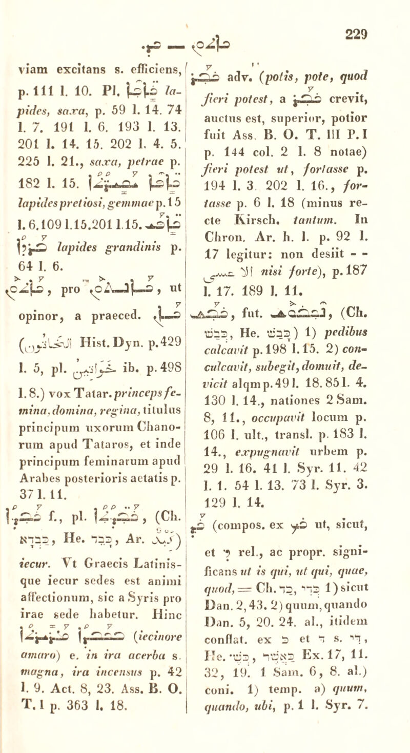 viam excitans s. efficiens, p. U1 1. 10. PJ. \£\£ la- pides, sa.ra, p. 59 1. 14. 74 1. 7. 191 1. 6. 193 1. 13. 201 1. 14. 15. 202 1. 4. 5. 225 1. 21., sa.ra, petrae p. 182 1. 15. f^].s lapides pretiosi, gemmae p. 15 1. 6.109 1.15.2011.15. +S>\£ .p y ' , “ lapides grandinis p. 64 I. 6. > . 7 5* .7 , pro J|~-s , ut opinor, a praeced. s (^yjL£\J! Hist. Dyn. p.429 I. 5, pl. ib. p.49S 1.8.) vox Tatar.princeps fe- mina.domina, regina, titulas principum uxorum Chano- rutn apud Tataros, et inde principum feminarum apud Arabes posterioris aetatis p. 37 1. 11. ,p y , o p •• v _ i-,^i t., PI. U^i,, (Ch. • * N333, He. 153, Ar. S^S) iecur. Vt Graecis Latinis- que iecur sedes est animi affectionum, sic a Syris pro irae sede habetur. 11 inc I —(iecinore amaro) e. in ira acerba s. magna, ira incensus p. 42 1. 9. Act. 8, 23. Ass. B. O. T. 1 p. 363 1. 18. y ' ' adv. (polis, pote, quod y Jieri potest, a crevit, auctus est, superior, potior fuit Ass B. O. T. 111 P. I p. 144 coi. 2 1. 8 notae) Jieri potest ut, fortasse p. 194 1. 3 202 1. 16., for- tasse p. 6 1. 18 (minus re- cte Kirsch. tantum. In Cbron. Ar. h. 1. p. 92 1. 17 legitur: non desiit - - ^ i nisi forte), p. 187 l7 17. 189 1. 11. y _ /i\ , fut. (Ch. 1333, He. 1333) 1) pedibus calcavit p. 198 1.15. 2) con- culcavit, subegit, domuit, de- vicit alqmp.491. 18.851. 4. 130 1. 14., nationes 2 Sam. 8, 11., occupavit locum p. 106 1. ult., transi, p. 183 1. 14., expugnavit urbem p. 29 1. 16. 41 1. Syr. 11. 42 1. 1. 54 1. 13. 73 1. Syr. 3. 129 1. 14. V (compos, ex ut, sicut, et rei., ac propr. signi- ficans ut is qui, ut qui, quae, quod,= Ch. 13, ^33 1) sicut Dan. 2,43. 2) quum,quando Dan. 5, 20. 24. al., itidem conflat, ex 3 et 3 s. 13, Ue.‘133, 313X3 Ex. 17, 11. 32, 19' 1 Sam. 6, 8. al.) coni. 1) temp. a) quum, quando, ubi, p. 1 1. Syr. 7.