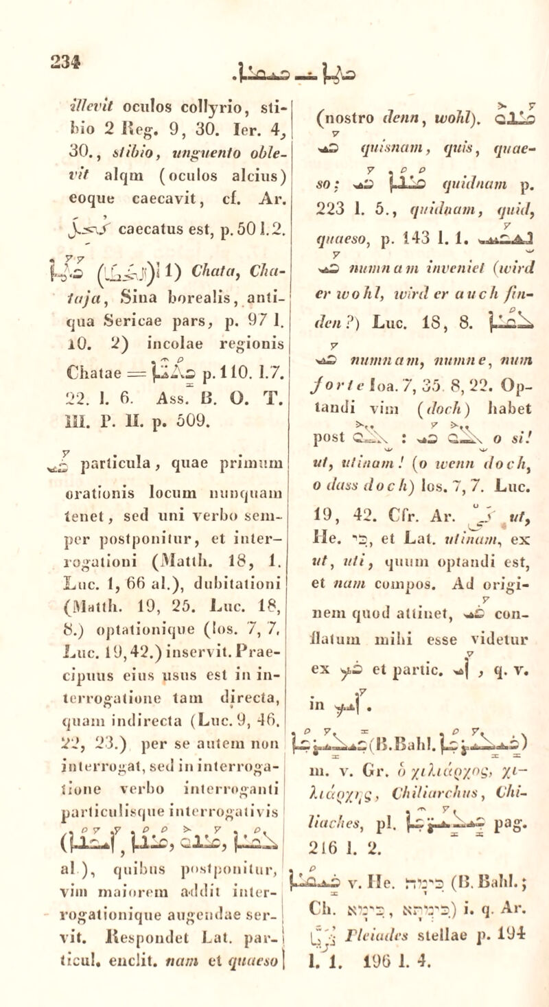 illevit oculos collyrio, sti- bio 2 Reg. 9, 30. Ier. 4, 30., stibio, unguento oble- vit alqm (oculos alcius) eoque caecavit, cf. Ar. ^ * caecatus est, p. 501.2. f.J.S 1) Chat a, Clui- to ja, Sina borealis, anti- qua Sericae pars, p. 97 1. 10. 2) incolae regionis Chatae = jAAs p. 110. 1.7. 22. 1. 6. Assr 13. O. T. 111. P. II. p. 509. particula, quae primum orationis locum nunquam tenet, sed uni verbo sem- per postponitur, et inter- rogationi (Mattii. 18, 1. Luc. 1, 66 a 1.), dubitationi (Mattii. 19, 25. Luc. 18, 8.) optationique (los. 7, 7, Luc. 19,42.) inservit. Prae- cipuus eius usus est in in- terrogatione tam directa, O • 1 (nostro denn, woltl). Q-llc V quisnam, quis, quae- so: pis quidnam p. 223 1. 5., quiduum, quid, y quaeso, p. 143 1.1. A-,1 y w numnam inveniet (ivird er w o h 1, ivird er a u c h jin- den ?) Luc. 18, 8. y numnam, numne, mnn jorle loa. 7, 35. 8,22. Op- tandi vim (doch) habet post c^.\ : ^2 eA o si/ \i/ Si/ w/, illinam! (o wenn doch, o dass doch) los. 7, 7. Luc. 19, 42. Cfr. Ar. „> w/, Ile. ■'S, et Lat. ulinum, ex */f, ?///, quum optandi est, et nam compos. Ad origi- y nem quod atliuet, con- llalum milii esse videtur V j , q. V. ex et partte. ^ 't in ^.j.] . quam indirecta (Luc. 9, 46. • V X. * • V X» t S 22, 23.) per se autem non interrogat, seu in interroga tione verbo interroganti p a r t i c u 1 i s q u e i n t e r r oga t i v i s (} jjLA, Cllc, al ), quibus postponitur, vim maiorem addit inter- rogationique augendae ser- vit. Respondet Lat. par-i ticul, enclit. nam et quaeso m. v. Gr. <> yihuqyng, yi- XictQyqg, Chiliarchus, Chi- • i j m y> lutches, pl. v*'' _ •*? pag- 216 1. 2. p A v. Ile. ftws (B. Bahl.; Ch. io:'2 , Nntt'3) i. q Ar. Lj j' Pleiades stellae p. 194 l/l. 196 1. 4.