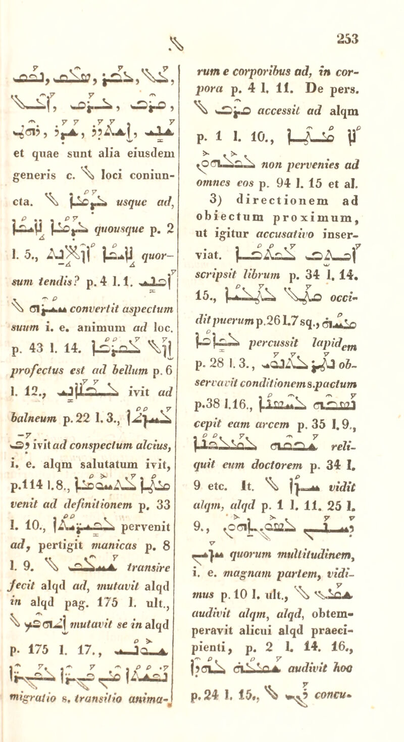 , 7 7 .77 } , 7 W<319 5 31 A 5 ^ ^il A» • • w =C et quae sunt alia eiusdem generis c. loci coniun- • p y cta. N5 f~L£*.-* usque ad, • ^ • • • p y quousque p. 2 1. 5., JjLji quor- —A A S sum tendis? p. 4 1.1. ^ ^ j v\ Cl t^kA convertit aspectum suum i. e. animum ad loc. P. 43 1. 14. \]| profectus est ad bellum p. 6 1. 12., ivit ad balneum p. 22 1.3., i4-^ -y. . 05 ivit ad conspectum alcius, i. e. alqm salutatum ivit, p.114 I.8., venit ad definitionem p, 33 1. 10., pervenit ady pertigit manicas p. 8 1. 9. ^ A transire jecit alqd ad, mutavit alqd in alqd pag. 175 1. ult., ^ mutavit se in alqd P > p. 175 1. 17., y, y rv .^Cr migratio s, transitio anima-* 1.7 7\ 7 j P p >y rum c corporibus ad, in cor- pora p. 4 1. 11. De pers. \ w)jO accessit ad alqm P. i i. io., \t non pervenies ad omnes eos p. 94 I. 15 et ai. 3) directionem ad obiectum proximum, ut igitur accusativo inser- viat. scripsit librum p. 34 1. 14. 15., occi- dit puerum p.26 L7 sq., ci^d l»Ui. percussit lapidem p. 28 I. 3., ob- servavit conditionems.pactum p.38 1.16., cxSisaS cepit eam arcem p. 35 1.9,, s ° vk ^ y en a reli- quit eum doctorem p. 34 I. 9 etc. It. ^ vidit alqm, alqd p. 1 1. 11. 25 1. 9., Clj.. .SL1 V -1“ quorum multitudinem, i. e. magnam partemf vidi- w 7 mus p. 10 1. ult., audivit alqm, alqd, obtem- peravit alicui alqd praeci- pienti , p. 2 1. 14. 16., I' P. P 7 5 CIO en Vn a. audivit hoo p. 24 I. 15., ^ concu-