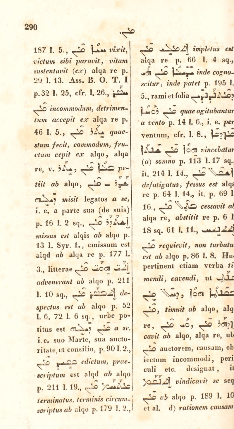 187 I. 5., ^ U- vixit, victum sibi paravit, vitam sustentavit (ex) alqa re p. 29 1. 13. Ass. B. O. T. 1 p.32 1. 25, cfr. 1. 26., /Ts incommodum, detrimen- tum accepit ex alqa re p. m 7 46 1. 5., 5 A* quae- stum fecit, commodum, fru- ctum cepit ex alqo, alqa re, v. jiL, pe- m %V V tiit ab alqo, misit legatos a se, i. e. a parte sua (de suis) p. 16 1. 2 sq., <-Id missus est alqis ab alqo p. 13 1. Syr. 1., emissum est alqd ab alqa re p. i77 1. 3., litterae s-tO<31 w*—^ advenerant ab alqo p. 211 1. 10 sq., ^22™»^i de- spectus est ab alqo p. 52 1. 6. 72 1. 6 sq., urbe po- tilus est cs-Aa? o se, i. e. suo Marte, sua aucto- ritate, et consilio, p. 901.2., *r\ ^JLo edictum, prae- scriptum est alqd ab alqo — y v p. 211 1. 19., ,-Lo impletus est alqa re p. 66 1. 4 sq., P - P =3= ^C1 inde cogno- scitur, inde patet p. 195 I. :e 7 ^ 5., rami et folia Aiop terminatus, terminis circum- i scriptus ab alqo p. 1/9 1. 2.,i . p ^ m . quae agitabantur ‘a vento p. 14 1. 6., i. e. per ventum, cfr. 1. 8., P /rs er\ p |ALa, joci vincebatur (a) somno p. 113 1.17 sq.. it. 214 1. 14., ^ ^Li,| defatigatus, fessus est alqt re p. 64 1. 14., it. p. 69 1 16., —Lo cessavit al alqa re, abstitit re p. 6 1 18 sq. 61 1. 11., a /ts requievit, non turbatu- est ab alqo p. 86 1. 8. Hui pertinent etiam verba ii * y mendi, cavendi, ut ^ io» ST\ timuit ab alqo, alq p ^ . y re, *»0, ?Cip| cavit ab alqo, alqa re, ub ,-la auctorem, causam, ob iecturn incommodi, peri culi etc. designat , it vindicavit se seq t—lc ab alqo p. 189 1. 10 et al. d) rationem causam