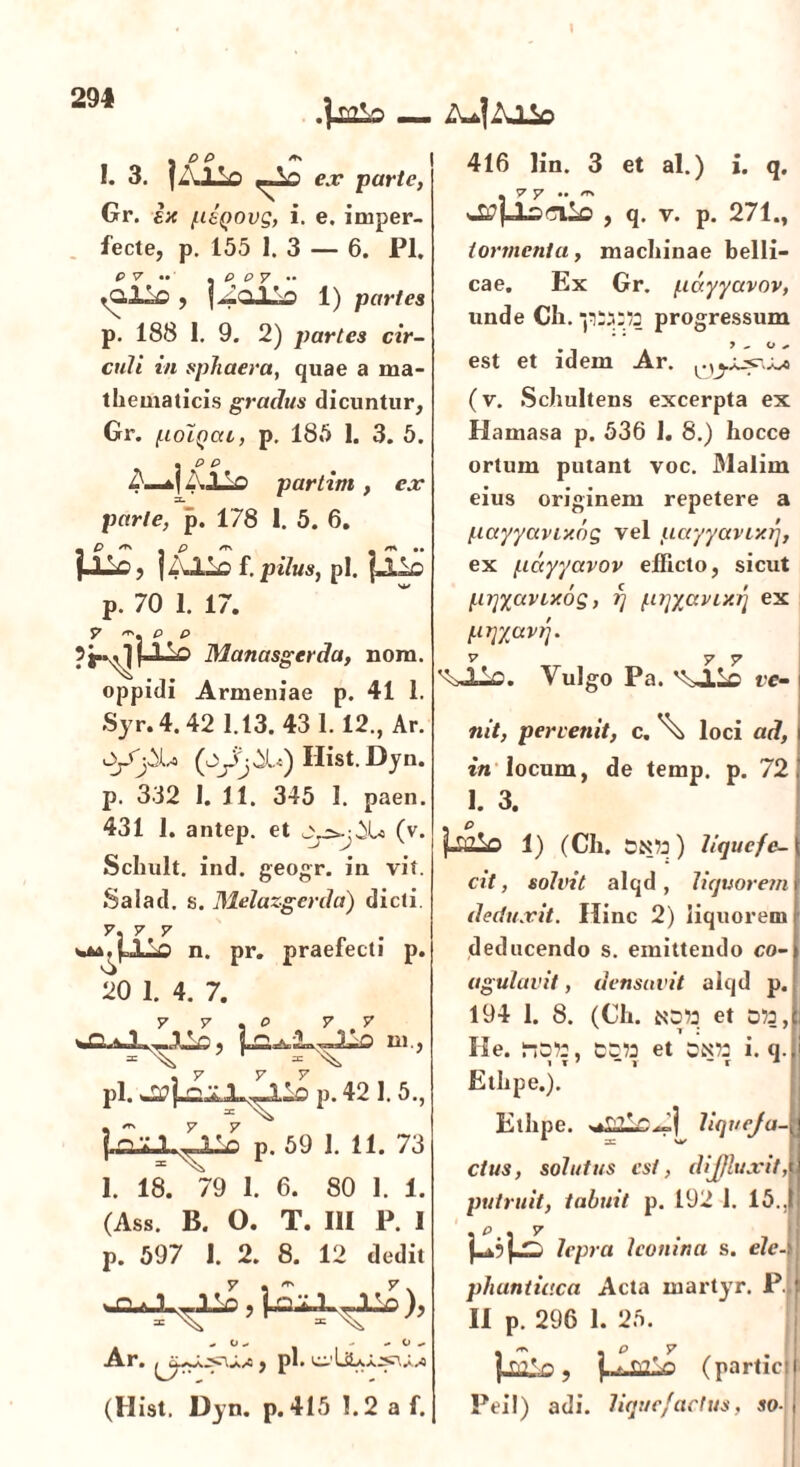 \zjLo — ZujAJUo « D P rr% 1 3. I&1S6 ex parte, Or. ex ptQOvg, i. e. imper- fecte, p. 155 1. 3 — 6. Pl. p v •• . p p y •• 'OnlLo , 1) partes p. 188 I. 9. 2) partes cir- culi in sphaera, quae a ma- thematicis gradus dicuntur, Gr. poiQca, p. 185 1. 3. 5. • P P A-^U\lio partim , ex parte, p. 178 1. 5. 6. jJ-c, jZU^f. pilus, pl. i-Lo' p. 70 1. 17. 7 p P |, ,1 V> Manasgerda, nom. oppidi Armeniae p. 41 1. Syr.4.42 1.13. 43 1.12., Ar. Iiist.Dyn. p. 332 1. 11. 345 1. paen. 431 1. antep. et jy=*.;Xa (v. Schult. ind. geogr. in vit. Salad. s. Melazgerda) dicti. 7. V, 7 . . 4,Ilo n. pr. praefecti p. 20 1. 4. 7. 7 V , o 7 7 wQ-»J-^LLo, m , y y y pl. p. 42 1. 5., P. 59 1.11. 73 1. 18. 79 1. 6. 80 1. 1. (Ass. B. O. T. III P. I p. 597 I. 2. 8. 12 dedit o- - O - A.r» y pl* ^ (Hist. Dyn. p. 415 1.2 a f. 416 lin. 3 et al.) i. q. ISeaS , q. v. p. 271., tormenta, machinae belli- cae. Ex Gr. pa.yyavov, unde Ch. ‘,^3:73 progressum est et idem Ar. (v. Schultens excerpta ex Hamasa p. 536 1. 8.) hocce ortum putant voc. Malim eius originem repetere a payyctvixog vel ucryyavtx/’], ex pccyyavov efficto, sicut p?iyavtxos> q pijyctvixq ex pqyavtj. ^ILo. Vulgo Pa. ^JLLo ve- j nit, pervenit, c. loci ad, 1 in locum, de temp. p. 72, 1. 3. 1) (Ch. DN73 ) lique f e- t cit, solvit alqd , liquorem 1 deduxit. Hinc 2) liquorem deducendo s. emittendo co- agulavit , densavit alqd p. 194 1. 8. (Ch. no)3 et Ile. !i0)3, 0073 et ON73 i. q.l Ethpe.). Ethpe. UqveJaJp, cius, solutus est, dijjluxit,jj putruit, tabuit p. 192 1. 15. .1 « p # . y # \ lepra leonina s. ele4\ phuntiaca Acta martyr. P. I II p. 296 1. 25. * ^ ^ y t j-m^n 3 f- ^m°a (partxcj PeiI) adi. liquefactus, so-