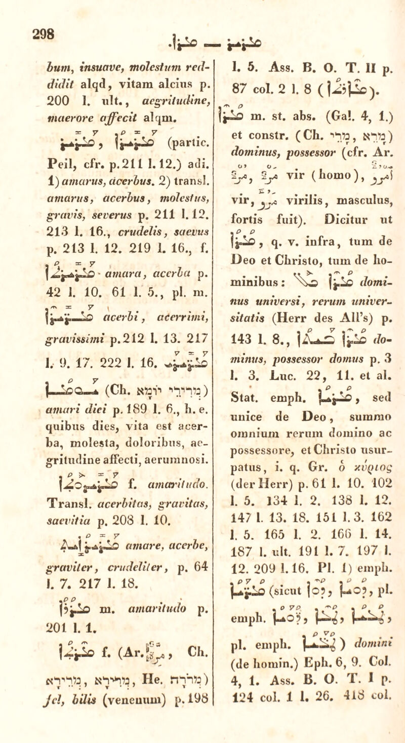 •! bum, insuave, molestum red- didit alqd, vitam alcius p. 200 1. ult., aegritudine, maerore affecit alqm. = v ,p * y 9 (partic. Peil, cfr. p. 211 1.12.) adi. 1) amarus, acerbus. 2) transi. amarus, acerbus, molestus, gravis, severus p. 211 1.12. 213 1. 16., crudelis, saevus p. 213 I. 12. 219 1. 16., f. • amara, acerba p. 42 I. 10. 61 1. 5., pl. m. I* = y \ acerbi, acerrimi, gravissimi p.212 I. 13. 217 1, 9. 17. 222 1. 16. . p y (Ch. t<to*f** ■'Vito) amari diei p. 189 1. 6., h. e. quibus dies, vita est acer- ba, molesta, doloribus, ae- gritudine affecti, aerumnosi. . p >■ = y f. amaritudo. Transi, acerbitas, gravitas, saevitia p. 203 1. 10. . o = 7 Zu^j..ikjrLo amare, acerbe, graviter, crudeliter, p. 64 I. 7. 217 1. 18. .e p . pi-lo m. amaritudo p. 201 1. 1. f. (Ar.*^, Ch. «vito, «ivto, He. mito) Jcl, bilis (veueuum) p. 198 1. 5. Ass. B. O. T. II p. 87 coi. 2 1. 8 (|i?}Ic). jj^o m. st. abs. (Ga!. 4, 1.) et constr. (Ch. •'ita, «ito) dominus, possessor (cfr. Ar. rj 0 9 O „ m Sys, 9y> vir (homo), • e »- vir,^y virilis, masculus, fortis fuit). Dicitur ut . P p fg°lc , q. v. infra, tum de Deo et Christo, tum de lio- minibus: domi- nus universi, rerum univer- sitatis (Herr des AIl’s) p. 143 1. 8., |JiS do- minus, possessor domus p. 3 1. 3. Luc. 22, 11. et al. • . e p Stat. emph. , sed unice de Deo, summo omnium rerum domino ac possessore, et Christo usur- patus, i. q. Gr. 6 xvQtog (der Herr) p. 61 1. 10. 102 1. 5. 134 1. 2. 138 1. 12. 147 1. 13. 18. 151 1.3. 162 1. 5. 165 1. 2. 166 1. 14. 187 I. ult. 191 1. 7. 197 i. 12. 209 1.16. Pl. 1) emph. * y v 3 2 (sicut (o?, f.^09, pl. O VP . 'P , P p emph. . p . . pl. emph. ) domini (de liomin.) Eph. 6, 9. Coi. 4, 1. Ass. 15. O. T. 1 p. 124 coi. 1 1. 26. 418 coi.