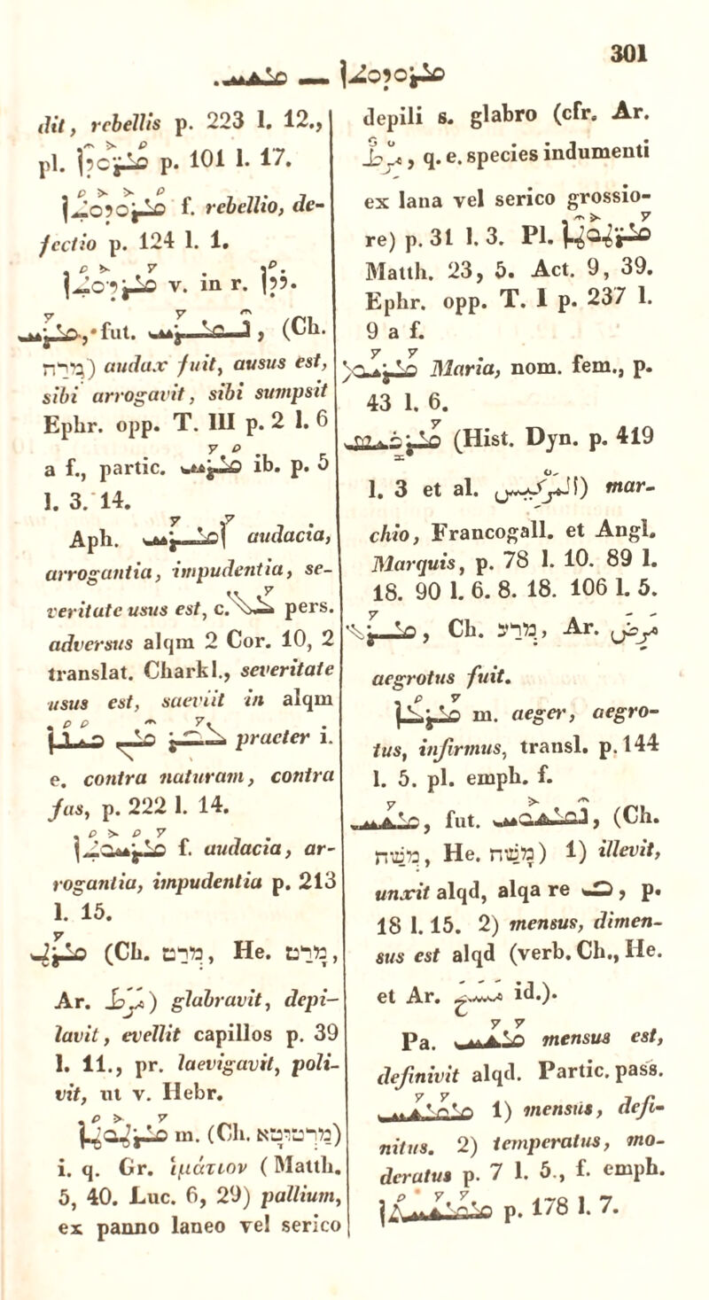 tJit, rebellis p. 223 1. 12., pl. jpcflo p. 101 1. 17. 1^1050 j-2o f. rebellio, de- fectio p. 124 1. 1. , P !» 7 . 1P. v. m r. |5?. y y *T\ . ^n.3»fnt. wwtyn^.C-i-J , (Ch. audax fuit, ausus est, sibi arrogavit, sibi sumpsit Eplir. opp. T. III p. 2 I. 6 7 O a f., partic. ib. p. 5 1. 3.'14. Aph. audacia, arrogantia, itnpudentiu, se- veritate usus est, c pers. adversus alqm 2 Cor. 10, 2 translat. Charkl., severitate usus est, saeviit in alqin .e p . ^ 7V praeter i. e. contra naturam, contra fas, p. 222 1. 14. -ps*pv | 1. audacia, ar- rogantia, impudentia p. 213 1. 15. (CIl. BW, He. ts‘n'72, Ar. 1d\a ) glabruvit, depi- lavit , evellit capillos p. 39 1. 11., pr. laevigavit, poli- vit, ut v. Ilebr. m. (Cii. i. q. Gr. ipuzLOv ( Mattii. 5, 40. Lue. 6, 29) pallium, ex panno laneo re! serico depili s. glabro (cfr. Ar. , q. e. species indumenti ex lana vel serico grossio- re) p. 31 1. 3. Pl. Mattii. 23, 5. Act. 9, 39. Ephr. opp. T. 1 p. 237 1. 9 a f. 7 7 Maria, nom. fem., p. 43 1. 6. (Hist. Dyn. p. 419 1. 3 et al. 0^<JJ i) mar- chio, Francogall. et Angi. Marquis, p. 78 1. 10. 89 1. 18. 90 1. 6. 8. 18. 106 1. 5. Id , Ch. 9'ifo, Ar. j-J* aegrotus fuit. . P V I m. aeget', aegro- tus, infirmus, transi, p.144 1. 5. pl. empb. f. ? fllt. wUwiblCl , (Ch. JTvZjtt , He. mgtt) 1) illevit, unxit alqd, alqa re , p. 18 1.15. 2) mensus, dimen- sus est alqd (verb. Ch., He. et Ar. id.). 7 7 Pa. ■ a^Io mensus est, definivit alqd. Partic. pass. y y 3 p . 1) mensus, defi- nitus. 2) temperatus, mo- deratus p. 7 1. 5., f- emph. jp. 178 1. 7.