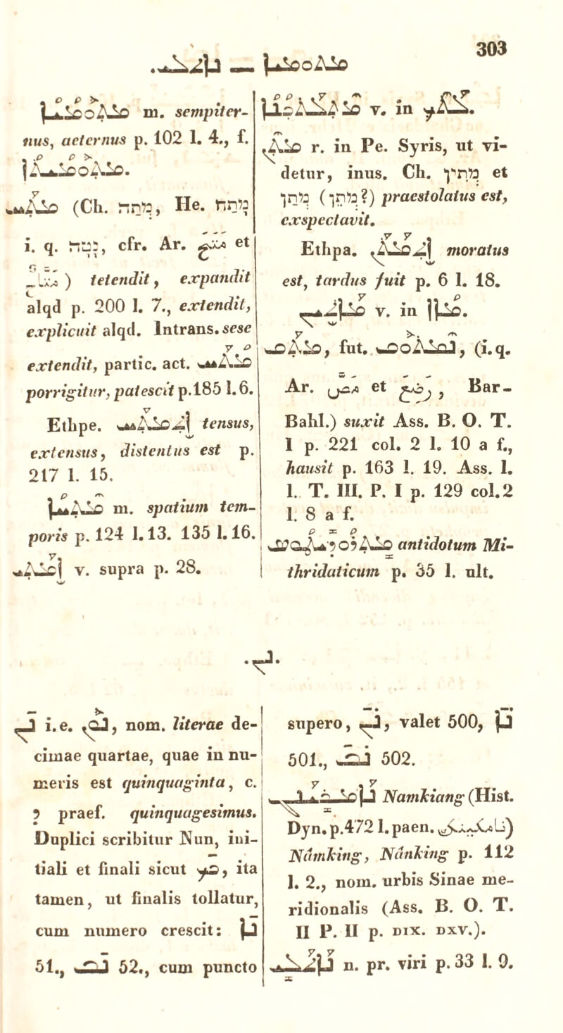 m. sempiter- nus, aeternus p. 102 1. 4., f. (Ch. nn*?, He. nn» i. q. cfr. Ar. et AI-; ) tetendit, expandit alqd p. 200 1. 7., extendit, explicuit alqd. Intrans, sese v o extendit, partic. act. porrigitur, patescit p.185 1.6. V . Etlipe. tensus, extensus, distentus est p. 217 1. 15. » P ^ j..~ ru. spatium tem- poris p. 124 1.13. 135 1.16. «*2wjsj v. supra p. 28. v. in r. in Pe. Syris, ut vi- detur, inus. Ch. 'prya et ■jna (■jna?) praestolatus est, exspectavit. Ethpa. moratus est, tardus fuit p. 6 1. 18. po v. in ]po. *~qAZo, fut. £j, (i.q. Ar. et £0^ , Bar- Bahl.) suxit Ass. B. O. T. 1 p. 221 coi. 2 1. 10 a f., hausit p. 163 1. 19. Ass. 1. 1. T. III. P. I p. 129 coi. 2 1. 8 a f. P = P antidotum Mi- ! thridaiicum p. 35 1. ult. . ^nJ ■ — > i. e. . cJ, nom. literae de- cimae quartae, quae in nu- meris est quinquaginta, c. 9 praef. quinquagesimus. Duplici scribitur Nun, ini- tiali et finali sicut y£>, ita tamen, ut finalis tollatur, cum numero crescit: jj 51., 52., cum puncto — • *-» supero, <-J, valet 500, p 501., 502. V . V »V p Namkiang (Hist. Dyn.p .472 1. paen. Ndmkitig, Ndnking p. 112 1. 2., nom. urbis Sinae me- ridionalis (Ass. B. O. X. II P. II p. DIX. DXV.). .. N. Z^t n. pr. viri p. 33 1. 9.