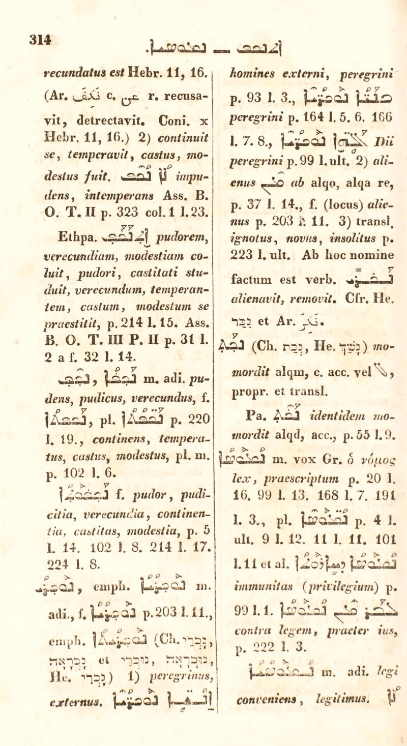 recundatus est Hebr. 11, 16. (Ar. ^dxi c. r. recusa- vit, detrectavit. Coni, x Hebr. 11, 16.) 2) continuit se, temperavit, castus, mo- dcslus fuit. ■ impu- dens, intemperans Ass. B. 0. T. II p. 323 coi. 1 1.23. yy Ethpa. pudorem, verecundiam, modestiam co- luit, pudori, castitati stu- duit, verecundum, temperan- tem, castum, modestum se praestitit, p. 214 1.15. Ass. B. O. T. III P. II p. 31 1. 2 a f. 32 1. 14. ^ • o y % S.S.SJ , m. adi. pu- dens, pudicus, verecundus, f. p y , p p ••y jAssJ, pl. jAaaJ p. 220 1. 19., continens, tempera- tus, castus, modestus, pl. m. p. 102 1. 6. . p > v f. pudor, pudi- citia, verecundia, continen- tia, castitas, modestia, p. 5 i. 14. 102 1. 8. 214 1. 17. 224 1. 8. 0 > * P P Auu Qiai y Clllpll» Oii3 1)1 • adi., f. p.203 1. II., m .0 0 V* empli. (Cb. riN“03 et ■'■lSW, i t : r ' i.;’ Ile. ) 1) peregrinus, 5* «  externus. p—A—J| homines externi, peregrini p. 93 1. 3., peregrini p. 164 I. 5. 6. 166 1. 7. 8., L^sqJ ici^x Dii peregrini p. 99 l.ult. 2) ali- enus ab alqo, alqa re, p. 37 1. 14., f. (locus) alie- nus p. 203 i'. 11. 3) transi. ignotus, novus, insolitus p. 223 1. ult. Ab hoc nomine = . v factum est verb. '■‘a—--3 alienavit, removit. Cfr. He. •132 et Ar. ’«o. _ y (Ch. r32, He. 2j32) mo- mordit alqm, c. acc. vel ^ , propr. et transi. T? Pa. A.aJ identidem mo- mordit alqd, acc., p. 55 1.9. . p > p m. vox Gr. b vapos lex, praescriptum p. 20 1. 16. 99 1. 13. 168 1. 7. 191 1. 3., pl. p. 4 1. ult. 9 1. 12. 11 1. 11. 101 1.11 et al. f JorpAO immunitas (privilegium) p. , p > p •*! y, 99 1.1. contra legem, praeter ius, p. 222 1. 3. « 0 O 0 m. adi. legi conveniens, legitimus. ji