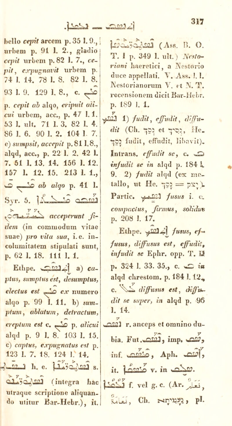 bello cejiit arcem p. 35 1.9., urbem p. 91 1. 2., gladio cepit urbem p. 82 1. 7., ce- jiit , expugnavit urbem p. 74 1. 14. 78 1. 8. 82 1. 8. 93 I. 9. 129 1. 8., c.^ p. cepit ab alqo, eripuit aii- cui urbem, acc., p. 47 1.1. 53 1. ult. 71 1. 3. 82 1. 4. 86 1. 6. 90 1. 2. 104 1. 7. e) sumpsit, accepit p. 811.8., alqd, acc., p. 22 1. 2. 42 1. 7. 51 1. 13. 14. 156 1. 12. 157 1. 12. 15. 213 1. 1., — /r\ ww *r> ab alqo p. 41 1. S_yr. 5. O s- v y. iO?acceperunt fi- dem (in commodum vitae suae) pro vita sua, i. e. in- columitatem stipulati sunt, p. 62 1. 18. 111 1. 1. - > > ~ ' (Ass. 11. O. T. 8 p. 349 1. ult.) Nesto- ! riani haeretici, a NestOrio duce appellati. V. Ass. !. 1. Aestorianorum V. et N. T. recensionem dicit Bar-Hebr. p. 189 I. 1. ffdJ 1) fudit, effudit, di [fu- dit (Gh. et ‘■pp; , He. rjC! fudit, effudit, libavit). Intrans, effudit se, c. w^i infidit se in alqd p. 184 L 9. 2) fudit alqd (ex me- tallo, ut He. == \ Partic. y-t-PP.I fusus i. cl compactus, firmus, solidus p. 208 J. 17. Ethpe. fusus, #>/-• 7 u/ fusus, diffusus est, effudit, infudit sc Ephr. opp. T. P Ethpe. J a) cu- pius, sumptus est, desumptus, /T\ electus est ex numero alqo p. 99 I. 11. b) sum- ptum, ablatum, detractum, /T\ ereptum est c. p. alicui alqd p. 9 1. 8. 103 1. 15. c) captus, expugnatus est p. 123 1. 7. 18. 124 V 14. -4’^-1 li. e. s. V 7.. >• C-Lo (integra hac utraque scriptione aliquan- do uiitur Bar-Hebr.), it. р. 324 1. 33. 35., c. iu alqd chreetom. p. 184 1. 12^ с. diffusus est, diffu- dit se super, in alqd p. 96 3. 14. V • r. anceps et omnino du- bia. Fut.ta££2J, imp. <J2LJy y ~ '.y inf. ^snlo , Aph. , it. | v. in f. vel g. c. (Ar. f ivcLu , Ch. P1*