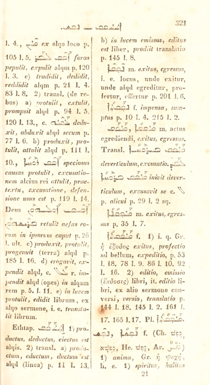 y /r\ y 105 1. 5. ^T--v. *£»] foras pepulit, expulit alqm p. 120 1. 3. e) tradidit, dedidit, reddidit alqm p. 21 1. 4. 83 1. 8. 2) transi. (tSe ro- bus) a) >jrotulit, extulit, prompsit alqd p. 94 1. 5. 120 I. 13., c. dedu- xit , abduxit alqd securn p. 77 1. 0. b) produxit, pro- tulit, attulit alqd p. 111 J. . P Ss ^.7 . 10., speciosas causas protulit, excusatio- nem alcius rei attulit, prae- textu, excusatione, defen- sione usus est p, 119 1. 14. * v i7 ~*r Deus ,Cfl— >■ 3= relidit nefas eo- rum in ipsorum caput p. 26 1. ult. c) produxit, protulit, progenuit (terra) alqd p. 185 1. 16. d) erogavit, ex- pendit alqd, c. r. im- pendit alqd (opes) in alqam rem p. 5. 1. 11. e) in lucem protulit, edidit librum, ex alqo sermone, i. e. transtu- lit librum. y y 3 Ethtap. 24] 1) pro- •+/ ductus, deductus, eiectus est alqis. 2) transi, a) produ- ctum, eductum, ductum'est alqd (linea) p. Ii 1. 13. b) in lucem emissus, editus est liber, prodiit translatio p. 145 I. 8. m. exitus, egressus, i. e. locus, unde exitur, unde alqd egreditur, pro- fertur, offertur p. 201 i. 6. . e 7 f. impensa, sum- ptus p. 10 I. 4. 215 J. 2. Y y 2 ° 7 m. actus egrediendi, exitus, egressus. !e > o> ■ 7 deverticulum, excusatio. . p >• 7, 7 inivit dever- ticulum, excusavit se c. v\> p. alicui p. 29 1. 2 sq. 7 qJLq m. exitus, egres- sus p. 35 J. 7. f. 1) i. q. Gr. fj i^odog exitus, profectio ad bellum, expeditio, p. 53 1. 18. 78 1. 9. 86 i. 10. 92 1. 16. 2) editio, emissio (iy.doois) libri, it. editio li- bri, ex alio sermone con- versi, versio, translatio p. £.44 1. 18. 145 1. 2. 161 J. 17. 165 1.17. PJ. pkcJ f. (Ch. dz: ^ G o . ncb$, Ile. des, Ar. /2) 1) anima, Gr. rj ipv%i], h. e. 1) spiritus, halitus 21