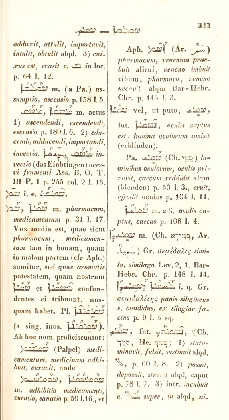 .yLcSJ __ adduxit, attulit, importavit, intulit, obtulit aIcjtl. 3) eni- xus rsf, evasit c. wj *« loc. p. 64 I. 12. m. (a Pa.) as- sumptio, ascensio p. 158 1.5. f.—Silo m. actus; 1) ascendendi, escendendi, escensio p. 180 1. 6. 2) <\7,v- cendi, adducendi, importandi, . . j p = y 7 *nvecho. ^aSilo ?7i- t'fr//o (das Einbrin^en) ucer- ri frumenti Ass. 15. Q. T. 111 P. I p. 255 coi. 2 i. 16. )c£? i. e. l.i.lo£J. y s , p 7 )ZSJ y {,* rsa m. pharmacum, medicamentum p. 31 1. 17. Vox media est, quae sicut pharmacum, medicamen- tum tam in bonam, quam in malam partem (cfr. Aph.) sumitur, sed quae aromatis potestatem, quam nostrum \Lq£ et |.1oS2*7i confun- dentes ei tribuunt nus- • ^ P •• 7 quam babet. PI. * p p y (a sing. inns. Abb oc nom. proficiscuntur: /s\ y ^Ci£2lcI0 (Palpel) medi- camentum, medicinam adhi- buit, curavit, unde p >■ . p p >■ /UNICOS?, m. adhibitio medicamenti, curatio, sanatio p. 50 1.16,, et Aph. /OJij (At. ) pharmacum, venenum prae- buit alicui, veneno imbuit cibum, pharmaco, veneno necavit alqm Oar-ilebr. Chr. p. 143 J. 3. « p j-iili vel, ut puto, m ^ Jfut. oculis captus est, lumina, oculorum amisit (erblinden). y Pa. (Cb.*?:5) lu- minibus oculorum, oculis pri- vavit, caecum reddidit alqm (blenden) p. 50 1. 3., eruit, ejjodit ocuios p. 104 1. 11, . p y m. adi. oculis ca- ptus, caecus p. 106 1. 4. . p |m, (Oli. Ar. r; w.w*v ) Gr. cepldahg simi- la, similago Lev. 2, 1. Bar- Hebr. Chr. p. 148 1. 14. .p y. p Ky |j-A—i. q. Gr. oci.udaXiTVjS panis siligineus s. candidus, ex silagine fa- ctus p. 9 1. 5 sq. y fllt. ^ cLiiSSiJ, *( Cll. ^‘=0, He. ^:o ) 1) slatu- minavit, fulsit, sustinuit alqd, V p. 60 (. 8. 2) posuit, deposuit, stravit alqd, caput р. 78 1. 7. 3) intr. incubuit 7 с. x>i. super, in alqd, ni-