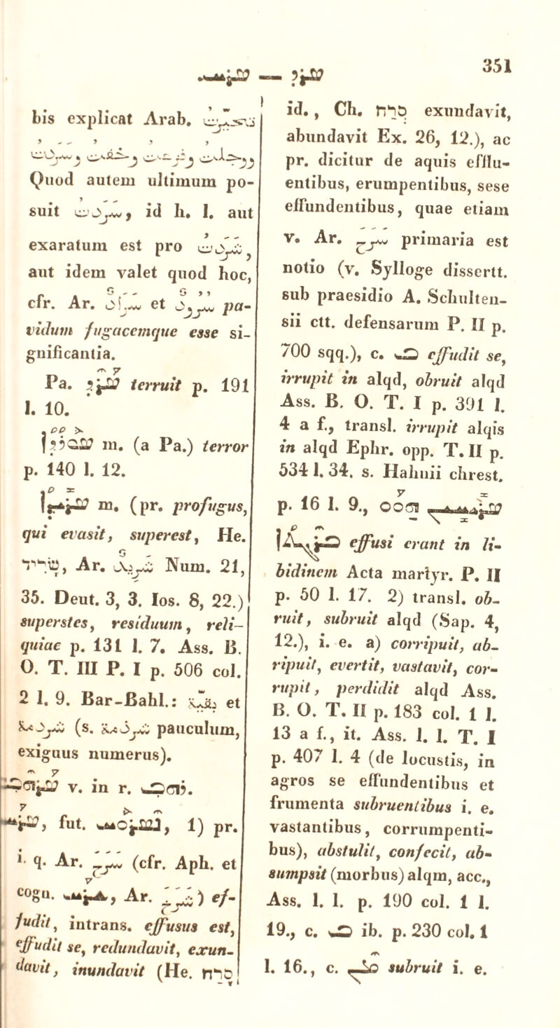 Lis explicat Arab. » - - ’ 5 , ''-'O-.w . . C^1—- -- . ' • • ,^.1.^-. . J > > -* J • JJ Quod autem ultimum po- y - - suit cOjaw ^ id Ii. I. aut > ,, exaratum est pro ci^j aut idem valet quod hoc, cfr. Ar. oLw et pa- vidum /ugaccmque esse si- guificantia. /T\ jr Pa. terruit p. 191 1. 10. m. (a Pa.) terror p. 140 1. 12. \ri» m. (pr. profugus, I qui evasit, supereat, He. Ar. Num. 21, 35. Deut. 3, 3. los. 8, 22.) superstes, residuum, re?i- quiuc p. 131 I. 7. Ass. B. O. T. III P. I p. 506 coi. 2 1. 9. Bar-Bahl.: :<.!&, et (s. pauculum, exiguus numerus). t m 7 v. in r. CDcij. ^ m 't‘V2> fut. 1) pr. * q- Ar. (cfr. Aph. et cogu. Ar. yj.) ef- judit, intrans, effusus est, effudit se, redundavit, exun. fovit, inundavit (He. — id. , Ch. exundavit, abundavit Ex. 26, 12.), ac pr. dicitur de aquis dilu- entibus, erumpentibus, sese effundentibus, quae etiam v. Ar. ^ primaria est notio (v. Sylloge disserit, sub praesidio A. Sclmlteu. sii ctt. defensarum P. II p. /00 sqq.), c. wS effudit se, irrupit in alqd, obruit alqd Ass. B. O. T. I p. 391 l 4 a f., transi, irrupit alqis in alqd Ephr. opp. T. II p. 534 1. 34. s. Haliuii chrest. . _ 7 i p. 16 I. 9., oo5s ieffusi erant in li- bidinem Acta mariyr. P. II p. 50 I. 17. 2) transi, ob- ruit, subruit alqd (Sap. 4, 12.), i. e. a) corripuit, ab- ripuit, evertit, vastavit, cor- rupit, perdidit alqd Ass. B. O. T. II p. 183 coi. 1 ]. 13 a f., it. Ass. 1. I. T. I p. 407 I. 4 (de locustis, in agros se effundentibus et frumenta subruentibus i. e. vastantibus, corrumpenti- bus), abstulit, confecit, ab- sumpsit (morbus) alqm, acc., Ass. 1. 1. p. 190 coi. 1 1. 19., c. «■£> ib. p. 230 coi. 1 /TS 1. 16., c. —io subruit i. e.