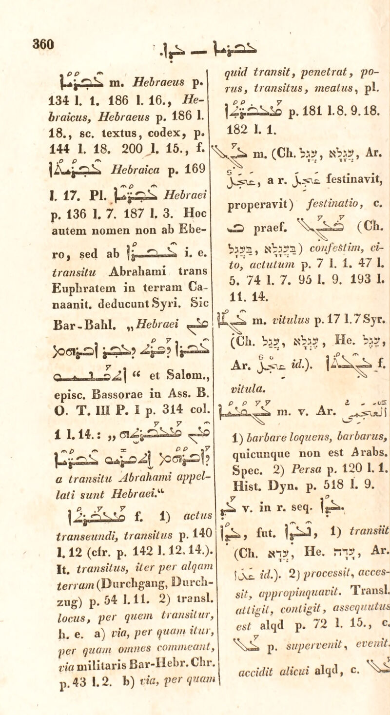 •Ir-* •— - P P j I m. Hebraeus p. 134 1. 1. 186 1. 16., He- braicus, Hebraeus p. 186 1. 18., sc. textus, codex, p. 144 1. 18. 200 J. 15., f. * .P P ** Hebraica p. 169 I. 17. Pl. £ Hebraei p. 136 1. 7. 187 I. 3. Hoc autem nomen non ab Ebe- quid transit, penetrat, po- rus, transitus, meatus, pl. p. 181 1.8. 9.18. 182 1. 1. m. (Cii. bm, Ar. , a r. J.^£l festinavit, properavit) festinatio, c. wi praef. (Cb. ro, sed ab i. e. transitu Abrabami trans Euphratem in terram Ca- naanit. deducunt Syri. Sic Bar-Babl. „Hebraei <-10 Q * “ et Salom., episc. Bassorae in Ass. B. O. T. III P. I p. 314 coi. 1 1.14.: ,, _ cr\ p ^ 3= , PP «7 a transitu Abrahami appel- lati sunt Hebraei | f. 1) netus transeundi, transitus p. 140 1.12 (cfr. p. 142 1.12.14.). It. transitus, iter per alqam terram (Durchgang, Ourch- zug) p. 54 1.11. 2) transi. locus, per quem transitur, b. e. a) via, per quam itur, per quam omnes commeant, via militaris Bar-llebr. Chr. p. 43 1.2. b) via, per quam , sb:c‘3. ) confeStim, ci- T-;-7 IT-;”7 to, actutum p. 7 1. 1. 47 1. 5. 74 1. 7. 95 1. 9. 193 1. 11. 14. m. vitulus p. 17 1.7 Syr. (Cb. bay, fcOiS?, He. bw», Ar» id.). f. vitula. . p( p y 7 i J11* V* XX T• — ^ 1) barbare loquens, barbarus, quicunque non est Arabs. Spec. 2) Persa p, 120 1. 1. Hist. Dyn. p. 518 1. 9. 7 « p V. in r. seq. transiit ' (Cb. *n/, He. rri*, Ar. id.). 2) processit, acces- sit, appropinquavit. Transi. attigit, contigit, assequutus est alqd p. /2 1. 15., c, p. supervenit, evenit. accidit alicui alqd, c.