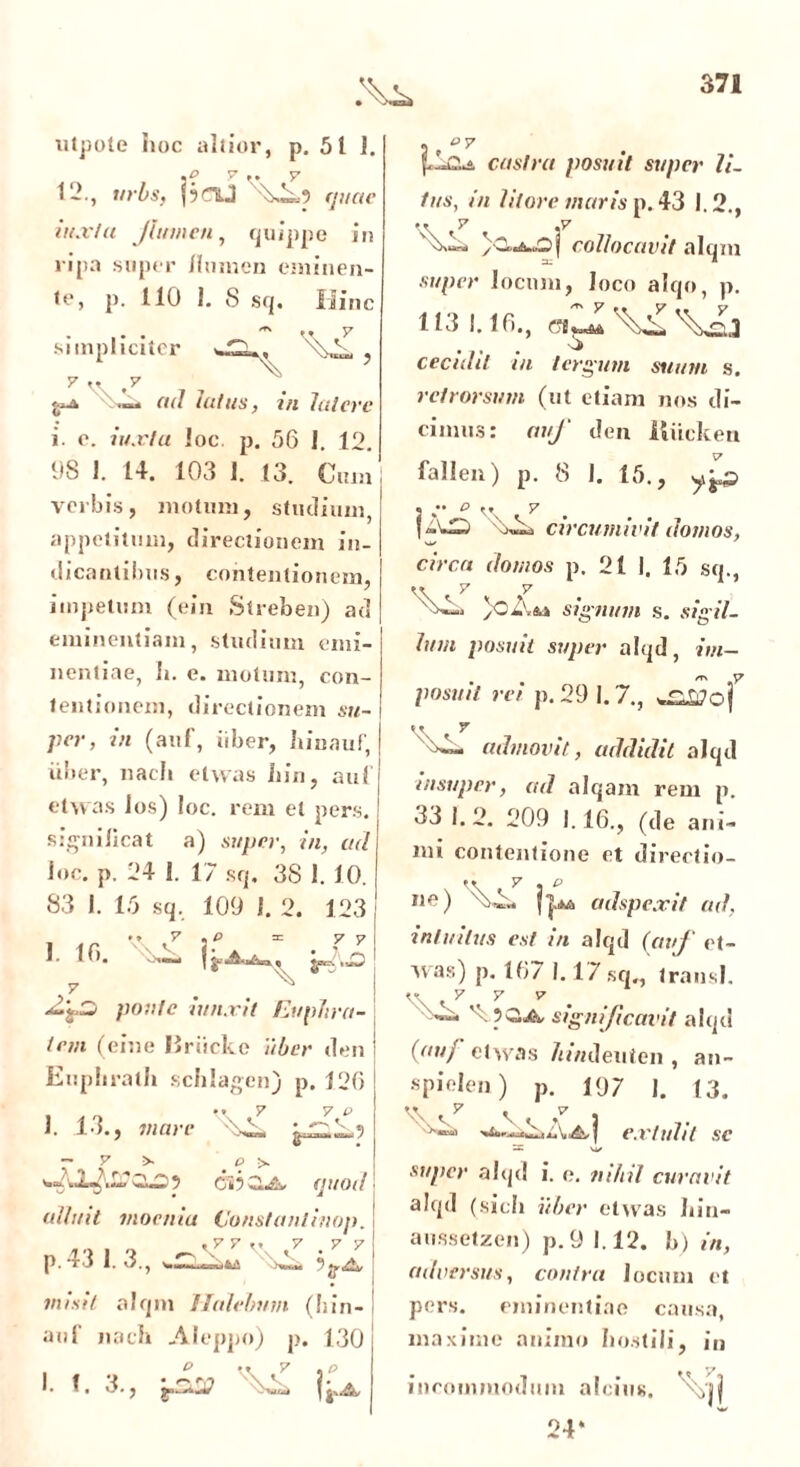 utpote Iioc altior, p. 51 1. «? v .. y i-., urbs, pdj ''\^5 r/uae iuxtu flumen, quippe in ripa super /lumen eminen- te, p. 110 I. 8 sq. Hinc ** •• y simpliciter , 7 V ad talus, in latere i. e. iuxla loc. p. 56 i. 12. 98 1. 14. 103 1. 13. Cum verbis, motum, studium, appetitum, directionem in- dicantibus , contentionem, impetum (ein Streben) ad eminentiam, studium emi- nentiae, Ji. e. motum, con- tentionem, directionem sti- per, in (auf, iiber, hinauf, liber, nacli elwas hin, au! ctwas Jos) loc. rem et pers. significat a) super, in, ad ioc. p. 24 1. 17 sq. 3S 1. 10. 83 I. 15 sq, 109 i. 2. 123 •» y « p = y y i io. ^ 7 ^ potite iunxit Euphra- tem (eine liriicke iiber den Eupliratb schlagen) p. 126 • • y y * 1. 13., mare — v >• o >. Wai '-dd mu *} CS5 alluit moenia Constanlinop. p.43 1. 3., r>^ misit alqni Halelmm (hin- aof nach Aleppo) p. 130 ,5 (lllOil 1. 1. 3., !• • ^7 castra posuit super li- tus, in litore maris p. 43 I.2., • . fy f v^«* collocavit alqm super locum, loco alqo, p. 113 1.16., ciwil cecidit in tergum suum s. retrorsum (ut etiam nos di- cimus: auf den liucken v7 fallen) p. 8 I. 15., !%** ^ 7 circumivit domos, circa domos p. 21 I. 15 sq., 7 7 )oAu signum s. sigil- lum posuit super alqd, im- posuit rei p. 29 1.7., w£iL7oj admovit, addidit alqtl insuper, ad alqatn rem p. 33 1.2. 209 1.16., (de ani- mi contentione et directio- ne) j ].*a adspexit ad, intuitus est in alqd (auf ct- was) p. 167 1.17 sq., transi. <\ ,y y y significavit alqd (au/ elwas /imdeuten , an- spielen) p. 197 1. 13. extulit se =C u/ super alqd i. e. nihil curavit alqd (sicli iiber elwas iiin- aussetzen) p.9 1.12. b) in, adversus, contra Jocum et pers. eminentiae causa, maxime animo hostili, in incommodum alcius. 24*