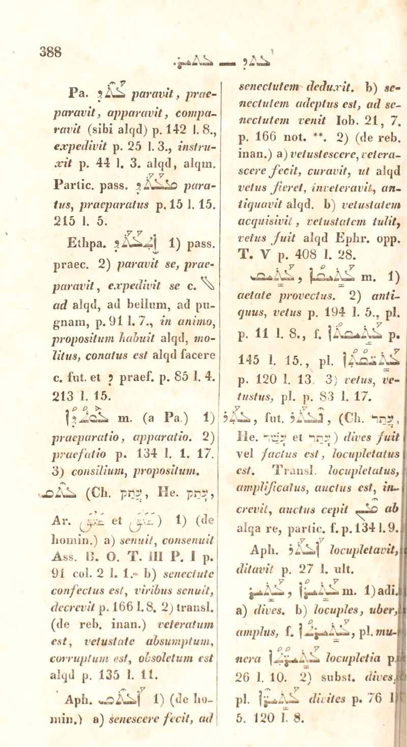 .j^AAk — ?AAi Pa. sAA* paravit, prae- paravit, apparavit, compa- ravit (sibi alqd) p. 142 I. 8., expedivit p. 25 I. 3., instru- xit p. 44 1. 3. alqd, alqm. .7 7 Partic. pass. sA—io para- tus, praeparatus p. 15 1. 15. 215 1. 5. Ethpa. 2AA.Aj 1) pass. praec. 2) paravit se, prae- paravit , expedivit se c. \ ad alqd, ad bellum, ad pu- gnam, p. 91 1.7., in animo, propositum habuit alqd, mo- litus, conatus est alqd facere c. fui. et 9 praef. p. 85 1. 4. 213 1. 15. m. (a Pa.) 1) praeparatio, apparatio. 2) praefatio p. 134 1. 1. 17. 3) consilium, propositum. .oAA. (Cii. pny, Ile. pny, .». ... Ar. et ) 1) (de homin.) a) senuit, consenuit Ass. n. O. T. ili P. i p. 91 coi. 2 l. 1.- b) senectute conf ectus est, viribus senuit, decrevit p. 166 1.8. 2) transi, (de reb. inan.) veteratum est, vetustate absumptum, corruptum est, obsoletum est alqd p. 135 1. 11. Aph. „.oAA] 1) (de bo- min.l a) senescere fecit, ad I senectutem deduxit, b) se- nectutem adeptus est, ad se- nectutem venit Iob. 21, 7. p. 166 not. **. 2) (de reb. inan.) a) vetustescere, vetera- scere fecit, curavit, ut alqd vetus jieret, inveteravit, an- tiquavit alqd. b) vetustatem acquisivit, vetustatem tulit, vetus fuit alqd Ephr. opp. T. V p. 408 1. 28. . y .e.7 : O!. 1 ) = ’ =E 7 aetate provectus. 2) anti- quus, vetus p. 194 1. 5., pl. p. 11 1. S., f. j A^uAA p. 145 1. 15., pl. |iikzhJL p. 120 1. 13 3) vetus, ve- tustus, pl. p. 83 1. 17. , fut. ?AAJ, (Ch. tain3>, He. “ et ) dives fuit - r ~ r ' ' vel factus est, locupletatus est. Transi, locupletatus, amplificatus, auctus est, iti- /T\ crevit, auctus cepit ab alqa re, partic. f. p. 134 1.9. .7 .7 Aph. ?AA.| locupletavit, ditavit p. 27 1. ult. i-.- --, j u* AA m. 1) adi. a) dives, b) locuples, uber, . O. . 7 amplus, f. f A^kAA, pl. tnu- . 0 0.7 ner a lAg^A-^ locupletia p, 26 J. 10. 2) subst. rfiuesj pl. dii ites p. 76 I) 5. 120 E 8.