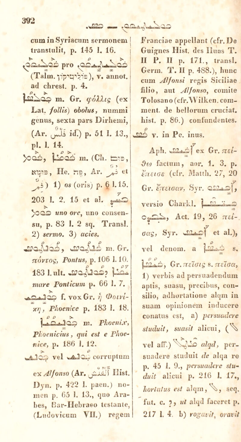 . Oiujuj u ii V> cum in Syriacum sermonem I transtulit, p. 145 1. 16. • D • ^ pro ^oc^^La^gg» (Talm. v. annot. ad chrest. p. 4. J-Sik^GG m. Gr. qblhg (ex Lat. /ollis) obolus, nummi genus, sexta pars Dirhemi, (Ar. id.) p. 51 I. 13., pl. 1. 14. > . P >• . )cos, {.Leas m. (Cii. fc-3, 0 > N7213, He. iis, Ar. et G ) 1) os (oris) p. 6 1.15. 203 !. 2. 15 et al. jJLs >• )OQS uno ore, uno consen- su, p. 83 I. 2 sq. Transi. 2) sermo. 3) acies. P P P P «070J2G«>\Ag m. Gr. novvog, ro/itus, p. 106 1.10. 183 l.ult. {^o* mare Ponticum p. 60 1. 7. S C , f. voxGr. r\ Oolvl- ac -n ■ai], Phoenice p. 183 1. 18. . e e >• (La.S^JQi3 m. Phoenix, Phoenicius, qui est e Phoe- nice, p. 186 1. 12. >- e vel «.aJC-. corruptum Franciae appellant (cfr. De Guignes Hist. des Iluns T. II P. II p. 171., transi. Germ. T. II p. 488.), hunc cum Al/onsi regis Siciliae lilio, aut Alfonso, comite Tolosano (cfr.VYilken. com- ment. de bellorum cruciat, hist. p. 86.) confundentes. p v. in Fe. inus. .y Aph. ex Gr. nei- ex Aljonso (Ar. Hist. Dyn. p. 422 1. paen.) no- men p. 65 1. 13., quo Ara- bes, Bar-IIebraeo testante, (Ludovicum VII.) regem hho) factum, aor. 1. 3. p. £7i € io e (cfr. Mattii. 27, 20 Gr. Ejvetoav, Syr. CTJLcG j, versio Cbarkl. c, Act. 19, 26 nci- .7 octg, Syr. UXLb£>f et al.), vel denom. a s. P P rn , Gr. neioig s. neloa, 1) verbis ad persuadendum aptis, suasu, precibus, con- silio, adhortatione alqm in suam opinionem inducere conatus est, a) persuadere studuit, suasit alicui, vel afF.) alqd, per- suadere studuit de alqa re p. 45 I. 9., persuadere stu- duit alicui p. 216 1. 17., hortatus est alqm,^>, seq, fut. c. 5, ut alqd faceret p. 217 1. 4. b) ro, gcwit, oravit