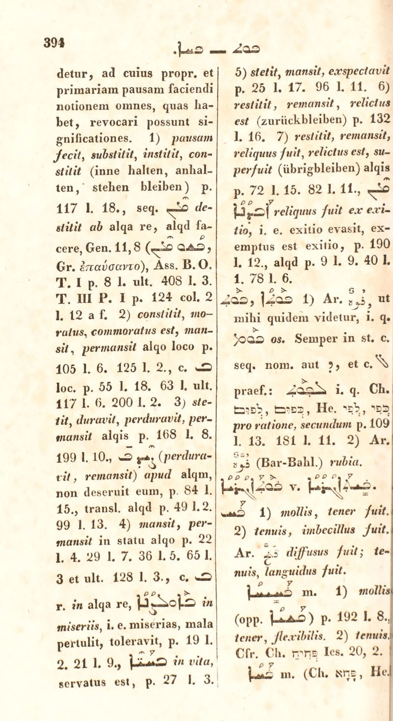 m detur, ad cuius propr. et primariam pausam faciendi notionem omnes, quas ha- bet, revocari possunt si- gnificationes. 1) pausam jecit, substitit, institit, con- stitit (inne halten, anhal- ten, stelien bleiben) p. 117 1. 18., seq. de- stitit ab alqa re, alqd fa- /t\ p cere, Gen. 11,8 2A3, Gr. enavocivio), Ass. B. O. T. I p. 8 1. ult. 40S 1. 3. T. III P. I p- 124 coi. 2 I. 12 a f. 2) constitit, mo- rulus, commoratus est, man- sit, permansit alqo loco p. 105 1. 6. 125 1. 2., c. loc. p. 55 1. 18. 63 1. ult. 117 1.6.200 1.2. 3) ste- tit, duravit, perduravit, per- mansit alqis p. 168 1. 8. m /TS 199 1.10., (perdura- vit, remansit) apud alqm, non deseruit eum, p. 84 1. 15., transi, alqd p. 49 1.2. 99 1. 13. 4) mansit, per- mansit in statu alqo p. 22 1. 4. 29 1. 7. 36 1. 5. 65 1. 3 et ult. 128 1. 3., c. ^ r. in alqa re, in miseriis, i. e. miserias, mala pertulit, toleravit, p. 19 1. 2. 21 1. 9., in vita, servatus est, p. 27 i. o. _ ^02 5) stetit, mansit, exspectavit p. 25 1. 17. 96 1. 11. 6; restitit, remansit, relictus est (zuriickbleiben) p. 132 1. 16. 7) restitit, remansit, reliquus fuit, relictus est, su- perfuit (iibrigbleiben) alqis p. 72 1. 15. 82 1. 11., ^ • P P m 9 • pj.^1 reliquus fuit ex exi- tio, i. e. exitio evasit, ex- emptus est exitio, p. 190 1. 12., alqd p. 9 1. 9. 40 1. 1. 78 I. 6. j^os 1) Ar. Sji3 ut mihi quidem videtur, i. q. yCSw os. Semper in st. c. seq. nom. aut 9, et c. ^ praef.: i. q. Ch. taqob, fcfics, He. ■»*£>, ‘1£p. pro ratione, secundum p. 109 1. 13. 181 1. 11. 2) Ar. <5 - > (Bar-Bahl.) rubia. . e p r. 7 . Pr^j v* Pr\j' 1) mollis, tener fuit. 2) tenuis, imbecillus juit. Ar. 1* diffusus fuit; te- nuis, languidus fuit. | m. 1) mollis (opp. p. 192 1. 8., tener, jlexibilis. 2) tenuis. Cfr. Ch. t^rtE Ies. 20, 2. p y ’ i PPi m. (Ch. nhe, Hei