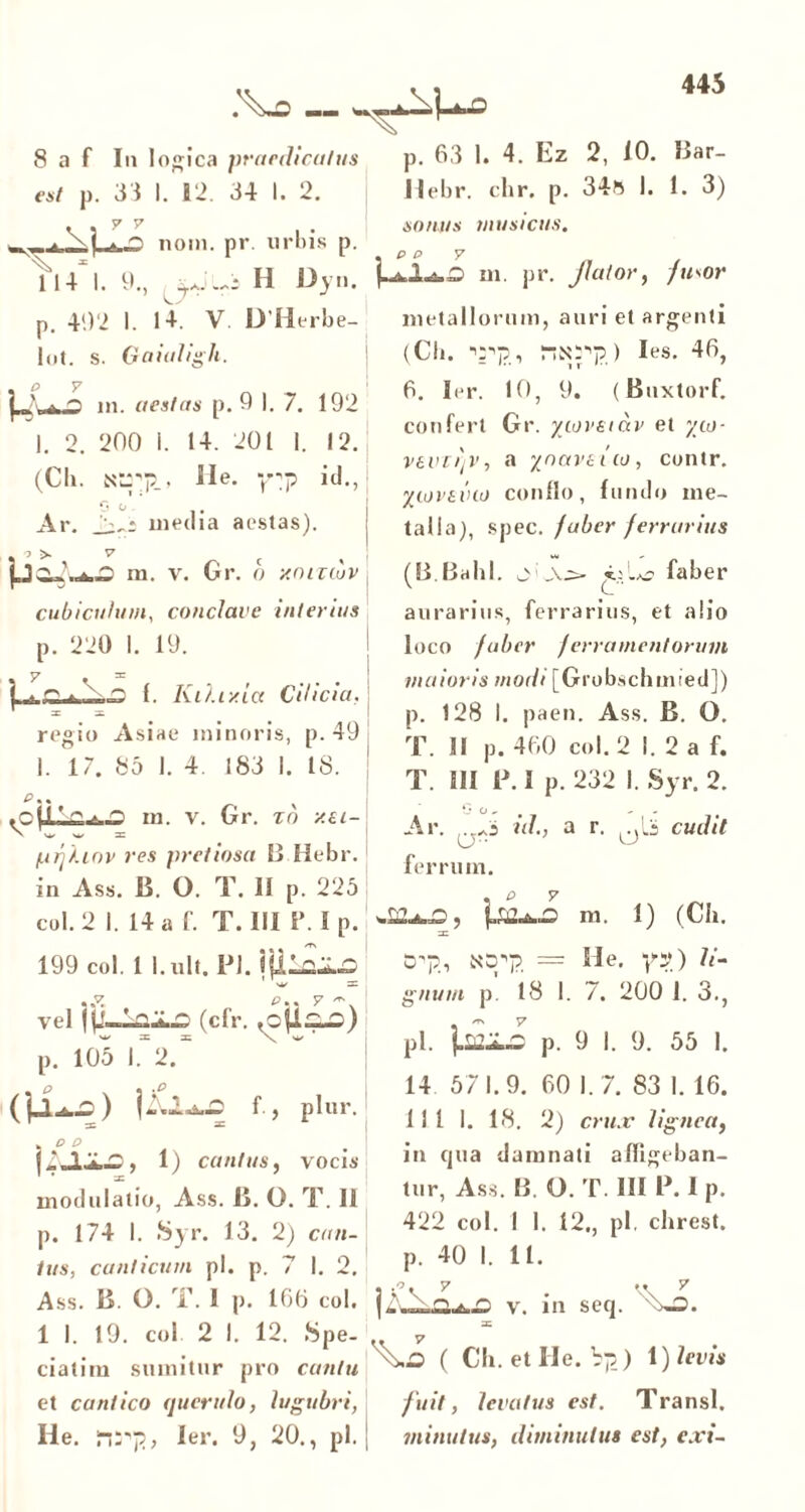 .\-o — **-■>. 8 a f Iii logica praedicatus est p. 33 I. 12. 34 I. 2. y y 1,£> nom. pr. urbis p. 114*1. 9., H Dy... p. 492 I. 14. V. D’Herbe- lot. s. Gaialigh. | A . '“i in. aestus p. 9 I. 7. 192 1. 2. 200 i. 14. 201 I. 12. (Cii. ile. ypp id., 0 o’ Ar. media aestas). O > V m. v. Gr. o y.cuzcuv cubiculum, conclave interius p. 220 I. 19. y =e I . 1. Ku.r/.LCI cilicia. regio Asiae minoris, p. 49 I. 17. 85 1. 4. 183 I. 18. e.. ,c (Uo* O m. v. Gr. zo y.u- > w w 3: prj/unv res pretiosa B Hebr. in Ass. B. O. T. 11 p. 225 coi. 2 1. 14 a f. T. III i\ I p. 199 coi. 1 l.ult. Pl. Ijilaic w s vel jU-VlaLO (cfr. .ojiilo) ' W a: 3C \ ' w p. 105 I. 2. - a f., plur. 1) cantus, vocis' 1 * z modulatio, Ass. B. O. T. 11 p. 174 I. Syr. 13. 2) can- ius, canticum pl. p. 7 1. 2. Ass. B. O. T. I p. 100 coi. 1 1. 19. coi 2 1. 12. .Spe- ciatirn sumitur pro cantu et cantico querulo, lugubri, He. inrp, ler. 9, 20., pl. p. 63 1. 4. Ez 2, 10. Bar- llebr. chr. p. 34ft 1. 1. 3) sonus musicus. « p o y m. pr. Jlator, fusor metallorum, auri et argenti (Cb. irp, Ies. 46, 6. Ier. 10, 9. (Buxtorf. confert Gr. ytovetav et ytu- V6vu)v, a ynaviiw, contr. yijvsiuo conflo, fundo me- talla), spec. fuber ferrarius (B.Bahl. faber aurarius, ferrarius, et alio loco fuber ferramentorum maioris modi [Grobschmied]) p. 128 I. paen. Ass. B. O. T. II p. 460 coi. 2 1. 2 a f. T. III P. I p. 232 I. Syr. 2. G o» f - t Ar. ul, a r. ^Ls cudit ferrum. .09 m. 1) (Ch. =c C'-, = He. y'J) li- gnum p. 18 1. 7. 200 1. 3., pl. palio p. 9 I. 9. 55 I. 14 571.9. 60 1.7. 83 1. 16. 111 I. 18. 2) crux lignea, in qua damnati affigeban- tur, Ass. B. O. T. III P. I p. 422 coi. 1 1. 12., pl, chrest. p. 40 I. 11. ( Ch. et He. 8]5) 1) levis fuit, levatus est. Transi. minutus, diminutus est, exi-