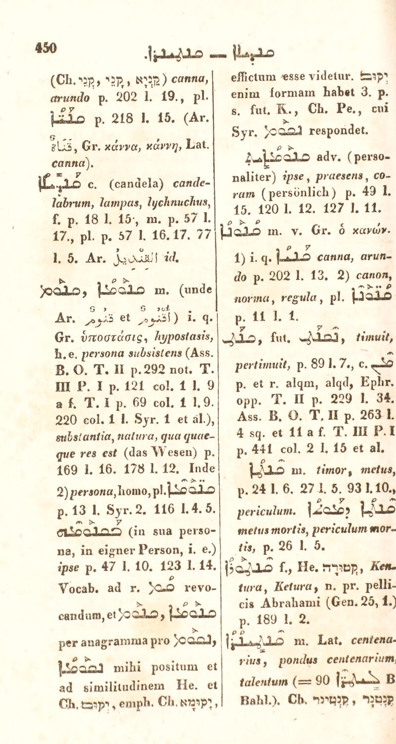 (Ch. *'?)>> ■O]?, N;3£) canna, arundo p. 202 1. 19., pl. j^LLo p. 218 1. 15. (Ar. glli, Gr. xavvct, tuxpvtj, Eat. canna). m>Fc. (candela) cande- labrum, lampas, lychnuchus, f. p. 18 1. 15, ni. p. 57 1. 17., pl. p. 57 1. 16.17. 77 1. 5. Ar. JooUiSj! id. O >• V>- 4 ^ )0<3A0, Jj£>Q.XO m. (unde Ar. et ) i. q» Gr. vnoovdoig, hypostasis, h.e. persona subsistens (Ass. B. O. T. Ii p.292 not. T. HI P. I p. 121 coi. 1 1. 9 a f. T. I p. 69 coi. 1 1.9. 220 coi. 1 1. Syr. 1 et al.), substantia, natura, qua quae- que res est (das Wesen) p. 169 1. 16. 178 1. 12. Inde /TN > 2)p«*«oMa,homo,p!.]AoaJLD p. 13 1. Syr. 2. 116 1.4.5. <t> >- y (ia sua perso- na, in eiguer Person, i. e.) ipse p. 47 1. 10. 123 1.14. P Vocab. ad r. )C-O revo- >■ . 0 >■ candum,ei/02JL0, f—ccJLD effictum «sse videtur. top' enim lormaxn habet 3. p. s. fut. K., Ch. Pe., cui Syr. ^02^3 respondet. - P '>■ adv. (perso- naliter) ipse, praesens, co- ram (personlich) p. 49 1. 15. 120 1. 12. 127 1. 11. |JoJjq m. v. Gr. 6 xavwv. 1) i. q. j^JLO canna, arun- do p. 202 1. 13. 2) canon, .*>-.• p norma, regula, pl. paiO p. 11 1. t. ■_ o, fut. , timuit, per anagramma pro /OOCJ, P i>- j„loaaJ mihi positum et ad similitudinem Ile. et Ch.tyip'’, emph. Ch, NWip';, pertimuit, p. 89 1. 7., c. p. et r. alqm, alqd, Ephr. opp. T. II p. 229 I. 34. Ass. B. O. T. II p. 263 I. 4 sq. et 11 a f. T. IU P. I p. 441 coi. 2 1. 15 et al. P ers m. timor t metus, p. 24 I. 6. 27 i. 5. 93 1.10., periculum. ]2o£> Ujld metus mortis, periculum mor- tis, p. 26 I. 5. j^a^JLO f., He. iYT)Bpt, Ketu tura, Returay n. pr. pelli- cis Abrahami (Gen. 25,1.) p. 189 1. 2. |fi . , \ 1 n m. Lat. centena- rius, pondus centenarium, talentum (=90 B Bahl.). Ch. nr«3T>, ->3t:3P