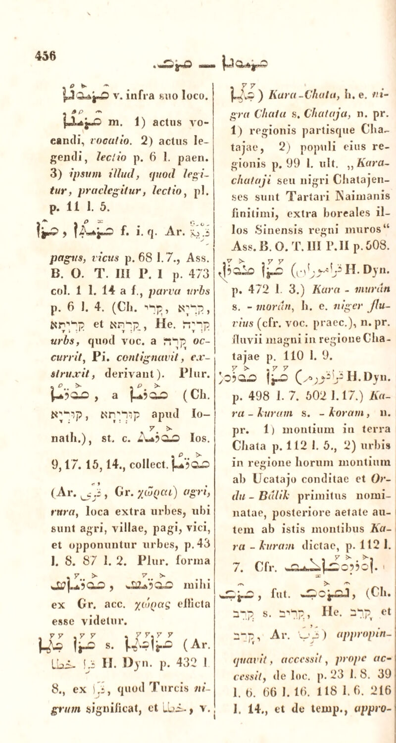 , o h- P'Qla^O v. infra suo loco. . ap -* m. 1) actus vo- eandi, vocatio. 2) actus le- gendi, ieclio p. 6 1. paen. 3) ipsum illud, quoti legi- tur, praelegitur, lectio, pl. p. 11 1. 5. iy ff» i. q. Ar. jo .5 pagus, viats p. 68 1.7., Ass. B. O. T. 111 I». 1 p. 473 coi. 1 1. 14 a f., parva urbs p. 6 I. 4. (Cii. ihfl, topp, isr^;p et twpp., He. !-ppp quod voc. a iripp oc- currit, Pi. contignavit, ex- struxit, derivant). Plur. ^OQ»Q , a (CJi. tr-pp, apud Io- 7. >• natli.), st. c. Ios. 9,17. 15,14., collect. p? P.. > r\ ^ r f , (Ar. , Gr. y&QCU) agri) tura, loca extra urbes, ubi sunt agri, villae, pagi, vici, et opponuntur urbes, p.43 I. 8. 87 1. 2. Plur. forma , 7.. > > .. . J£ nubi ex Cr. acc. ydipas ellicta esse videtur. . yy .v v i ? yiy y , > WU? |j-= s. (Ar. Ibi- !b II. Dyn. p. 432 1 8., ex Ls, quod Tureis ni- grum significat, et Lui-> v. . y y . pvi ) Kara-Chain, b. e. ni- gra Chat a s. Chataja, n. pr. 1) regionis partisque Cba- tajae, 2) populi eius re- gionis p. 99 1. ult. „Kara- chataji seu nigri Chatajen- ses sunt Tartari Naimanis finitimi, extra boreales il- los Sinensis regni muros “ Ass. B. O. T. 111 IMI p.508. v.,lb H. Dpi. p. 472 1. 3.) Kara - murun s. - tnorun, Ii. e. niger flu- vius (cfr. voc. praec.), n. pr. fluvii magni in regione Cha- tajae p. 110 1. 9. >0500 \[L H. Dyn. p. 498 1. 7. 502 1.17.) Ka- ra - buram s. - Aoram, n. pr. 1) montium in terra Cbata p. 112 I. 5., 2) urbis in regione horum montium ab Ucatajo conditae et Or- dtt - Bulib primitus nomi- natae, posteriore aetate au- tem ab istis montibus Ka- ra - buram dictae, p. 112 1. 7. Cfr. *CL4^£0590(. • X * , fut. (Ch. n-p s. ^“rp, He. ipp et rrp, Ar. Gji) appropin- (juavit, accessit, prope ac- cessit, de Inc. p. 23 1. 8. 39 1. 6. 66 1.16. 118 1. 6. 216 1. 14., et de ternp., appro-