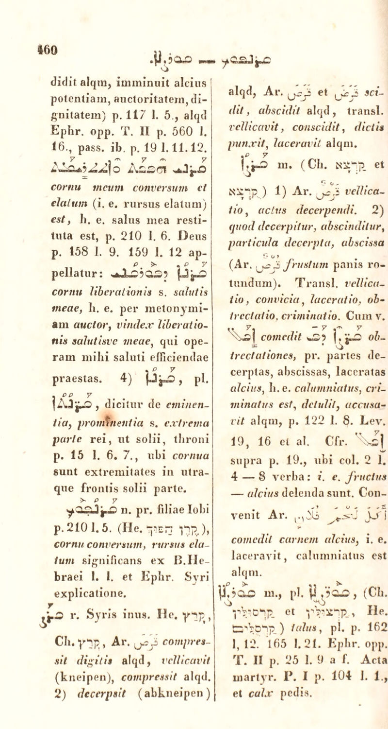 4J.doc ,— didit alqm, imminuit altius potentiam, auctoritatem, di- gnitatem) p. 117 1. 5., alqd Ephr. opp. T. 11 p. 560 1. 16., pass. ib. p. 19 1.11.12. Y ^ y *N y o Assci Ali-,0 3: • cornu meum conversum et elatum (i. e. rursus elatum) est, h. e. salus mea resti- tuta est, p. 210 1. 6. Deus p. 158 1. 9. 159 1. 12 ap- p' >■ . p y pellatur: cornu liberationis s. salutis meae, h. e. per metonymi- am auctor, vindex liberatio- nis salutisve meae, qui ope- ram mihi saluti efficiendae . p y praestas. 4) pj=Q, pl. . PP 7 |A3‘j»0 , dicitur de eminen- tia, prominentia s. extrema parte rei, ut solii, throni p. 15 1. 6. 7., ubi cornua sunt extremitates in utra- que frontis solii parte. •s p y n. pr. filiae lobi p. 210 1.5. (He. ynp.), cornu conversum, rursus ela- tum significans ex IJ.He- braei 1. I. et Ephr. Syri explicatione. ^..O r. Syris inus. Ile. ypp, Ch. ypp, Ar. fjoJ, compres- sit digitis alqd, vellicavit (kneipen), compressit alqd. 2) decerpsit (abkneipen) alqd, Ar. et , ^ sci- dit, abscidit alqd, transi. vellicavit, conscidit, dictis punxit, laceravit alqm. . p v m. (Ch. itjtpp. et r'°' Nlipp ) 1) Ar. js : vellica- tio, actus decerpendi. 2) quod decerpitur, abscinditur, particula decerpta, abscissa 0 o y (Ar. ^ 3 frustum panis ro- tundum). Transi, vellica- tio, convicia, laceratio, ob- trcctatio, criminatio. Cum v. .. y. - y y comedit wS? |.£,0 ob- trectationes, pr. partes de- cerptas, abscissas, laceratas alcius, h.e. calumniatus, cri- minatus est, detulit, accusa- vit alqm, p. 122 1. 8. Lev. 19, 16 et al. Cfr. supra p. 19., ubi coi. 2 1. 4 — 8 verba: i. e. fructus — alcius delenda sunt. Con- venit Ar. r,Ai i comedit carnem alcius, i. e. laceravit, calumniatus est alqm. jj.50,0 m., pl. P , , (Ch. y^cpp. et y ritpp., He. tS^Vopp.) talus, pi. p. 162 1, 12. 165 1.21. Ephr. opp. T. II p. 25 I. 9 a f. Acta martyr. P. I p. 104 1. 1., et calx pedis.