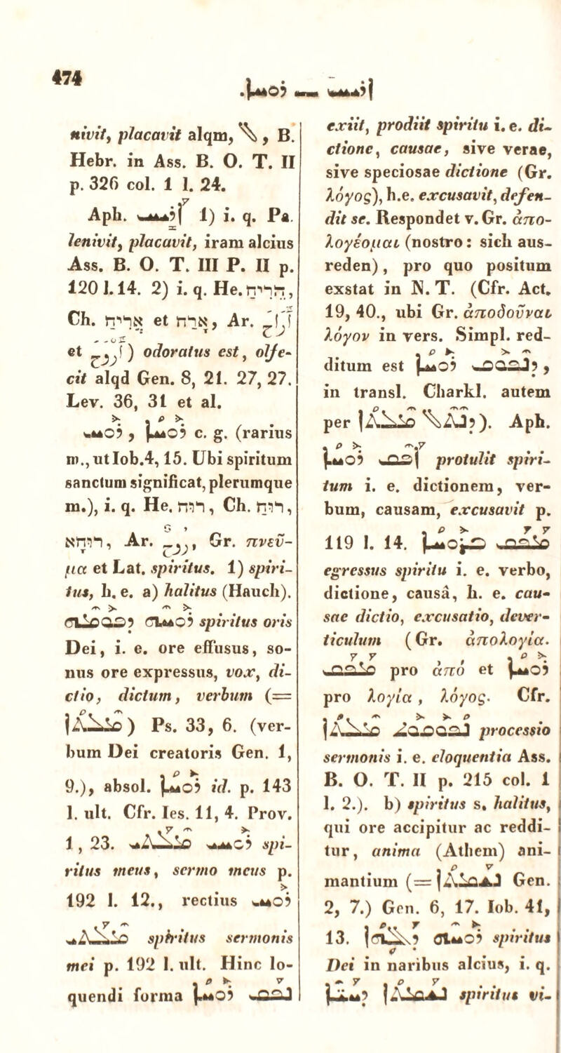 nivit, placavit alqm, ^ , B. Hebr. in Ass. B. O. T. II p. 326 coi. 1 1. 24. Apii. 1) i. q. P«. lenivit, placavit, iram alcius Ass. B. O. T. III P. II p. 120i. 14. 2) i. q. He.mi^, -r Ch. miN et niN, Ar. _M et ) odor at jis est, olje- ci< Calqd Gen. 8, 21. 27, 27. Lev. 36, 31 et al. Sk , P 5* wmo? , c. g. (rarius ro.,utIob.4,15. Ubi spiritum sanctum significat, plerumque m.), i. q. He. mi, Ch. mi, g * «mi, Ar. Gr. nvev- r i.-?' [icc et Lat, spiritus. 1) spiri- tus, h. e. a) halitus (Hauch). flVl0O£>9 OU*Q9 spiritus oris Dei, i. e. ore effusus, so- nus ore expressus, vox, di- ctio, dictum, verbum (== Ps. 33, 6. (ver- bum Dei creatoris Gen. 1, 9.), absol. ^**o9 id. p. 143 1. ult. Cfr. Ies. 11, 4. Prov. Y /T\ 1, 23. >*4tC9 spi- ritus meus, sermo incus p. > 192 1. 12., rectius w**09 **A^*Lo spiritus sermonis mei p. 192 1. ult. Hinc lo- . P ► 7 quendi forma f.**09 » Q^I *9 j exiit, prodiit spiritu i. e. di- ctione, causae, sive verae, sive speciosae dictione (Gr. loyog), h.e. excusavit, defen- dit se. Respondet v.Gr. ano- Xoyeopai (nostro: sicli aus- reden), pro quo positum exstat in N. T. (Cfr. Act. 19, 40., ubi Gr. anodovvat, Xoyov in vers. Simpl. red- . e ► ^ — ditum est |^*09 ^£Q2J9 , in transi. Charkl. autem Per| £^V\J?). Apb. P >; <.7 uoi protulit spiri- tum i. e. dictionem, ver- bum, causam, excusavit p. 119 I. 14. ]_**o^ vflalo egressus spiritu i. e. verbo, dictione, causa, h. e. cau- sae dictio, excusatio, dever- ticulum (Gr. dnoXoyia. r y . p 5>- . ooVo pro ano et |^*09 pro Xoyia , Xoyog. Cfr. ]AA.'n processio sermonis i. e. eloquentia Ass. \ B. O. T. II p. 215 coi. 1 1. 2.). b) spiritus s, halitus, | qui ore accipitur ac reddi- 1 tur, anima (Atliem) ani- i , p y mantium (= Gen. : 2, 7.) Gen. 6, 17. Iob. 41, i Ip Y b- <71^.9 01*409 spiritus <r • Dei in naribus alcius, i. q. jJL**? I.MoaJ spiritus vi-