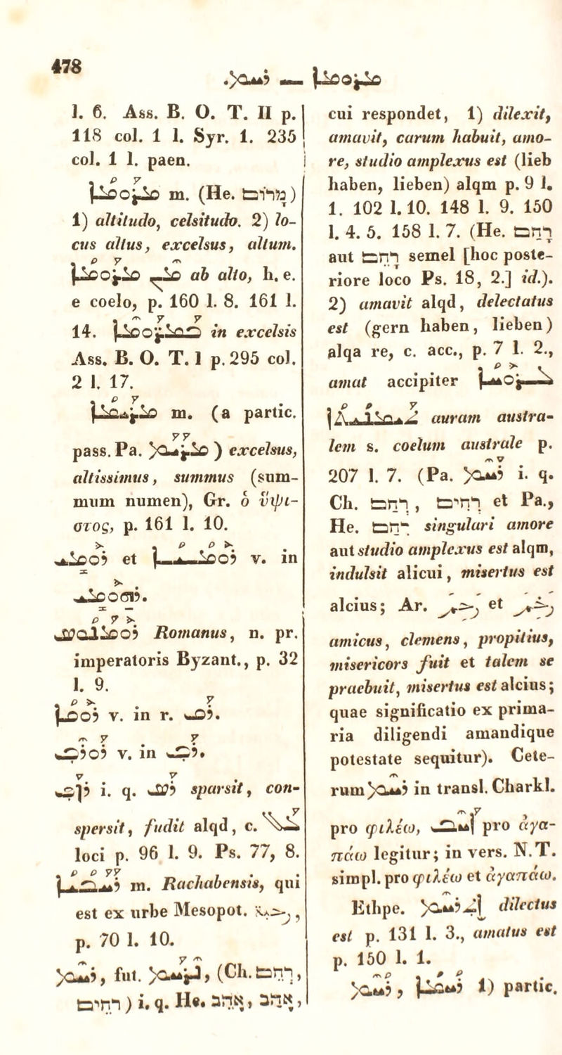 .>0*5 — J. 6. Ass. B. 0. T. II p. 118 coi. 1 1. Syr. 1. 235 coi. 1 1. paen. . p 7 m. (He. ta-htt) 1) altitudo, celsitudo. 2) lo- cus altus, excelsus, altum. . p y « ,-Lo ab alto, li. e. e coelo, p. 160 1. 8. 161 1. . « y v 14. in excelsis Ass. B. O. T. 1 p. 295 coi. 2 I. 17. . e y m. (a partic. y y pass. Pa. ) excelsus, altissimus, summus (sum- mum numen), Gr. b vipi- orog, p. 161 1. 10. >. ^.Locb et j -a~.V0Q5 v. in X — p 7 >~ JLtfalico} Romanus, n. pr. imperatoris Byzant., p. 32 1. 9. n >« IV 05 v. in r. ^05. wi505 V. in wS5. v. . 7 C?]5 i. q. «J£>5 sparsit, con- spersit , fudit alqd , c. loci p. 96 1. 9. Ps. 7/, 8. | IrLlZ, m. Rachabensis, qui est ex urbe Mesopot. , p. 70 1. 10. y /t\ >o^j, fut. (Ch. fcarn, w»rn)i.q. He. arj«» cui respondet, 1) dilexit, amavit, carum liabuit, amo- re, studio amplexus est (lieb haben, lieben) alqm p. 9 1. 1. 102 1.10. 148 1. 9. 150 1. 4. 5. 158 1. 7. (He. tun^ aut torrt semel [hoc poste- riore loco Ps. 18, 2.] id.). 2) amavit alqd, delectatus est (gern haben, lieben) alqa re, c. acc., p. 7 1. 2., amat accipiter .pe y j A a 1 auram austra- lem s. coelum australe p. 207 1. 7. (Pa. i. q. Ch. tzon^i , trrn et Pa., He. torr singulari amore aut studio amplexus est alqm, indulsit alicui, misertus est alcius; Ar. ^et amicus, clemens, propitius, misericors fuit et talem se praebuit, misertus est alcius ; quae significatio ex prima- ria diligendi amandique potestate sequitur). Cete- /TS ruuiyCu*^ in transi. Charkl. ^ .7 , pro (ptleio, pro aya- ndio legitur; in vers. N.T. simpl. pro cpiltio et dyanaio. Ethpe. )Cu»a5dilectus est p. 131 1. 3., amatus est p. 150 1. 1. , j^*5 1) partic.