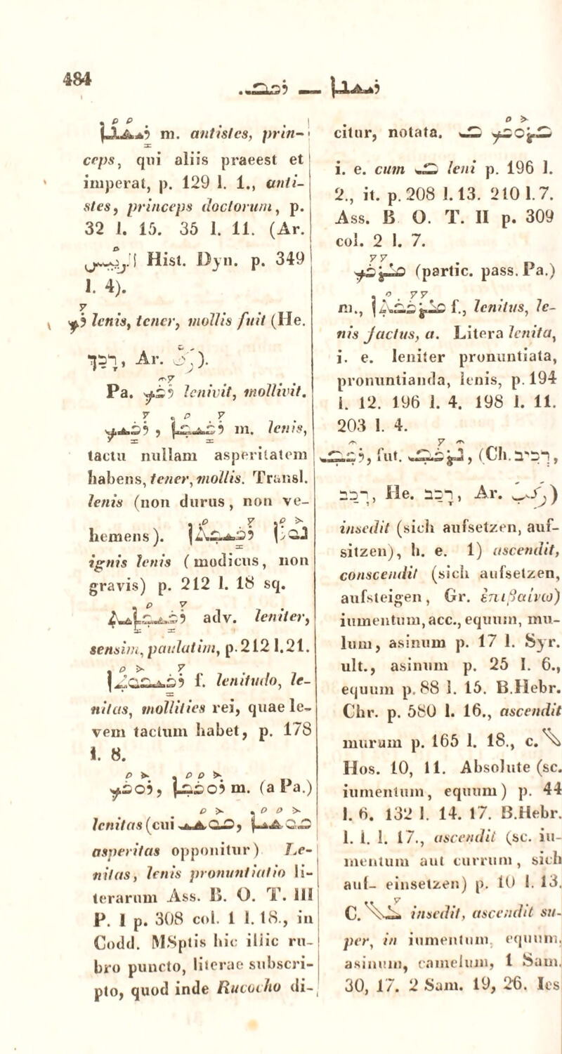 ..^5? — . .1 JJL&aD m. antistes, prtn-< ceps, qxii aliis praeest et imperat, p. 129 1. 1., anti- stes, princeps doctorum, p. 32 1. 15. 35 1. 11. (Ar. ^^.'1 Hist. Dyu. p. 349 1. 4). 7 7e/m, tener, mollis fuit (Ile. TH’ Ar. ff). . . Pa. lenivit, mollivit. 7 . p y -A.A.zb , m. y s i tacta nullam asperitatem habens, tener, mollis. Transi. lenis (non durus, non ve- , .O . 7 j? >• hemens). {>2.3 ignis lenis (modicus, non gravis) p. 212 1. 18 sq. p V adv. leniter, sensim, paulatim, p-212 1.21. | f. lenitudo, le- nitus, mollities rei, quae le- vem tactum habet, p. 178 I. 8. es». , p p s» ^sc>5, j^.so?m. (a Pa.) ei* . e o i* lenitas (cui 2*2 asperitas opponitur) T.e- nitas, lenis pronuntiatio li- terarnm Ass. 1». O. T. 111 P. 1 p. 308 coi. 1 1. 18., in Codd. MSptis hic illic ru- bro puncto, literae subscri- pto, quod inde Rucocho di- . jJL-iu»? o > citnr, notata. ^ i. e. cum ^ leni p. 196 1. 2., it. p. 208 1.13. 2101.7. Ass. B O. T. II p. 309 coi. 2 1. 7. 77 . (partic. pass.Pa.) .0.77 m., IL'±Q.t jule f., lenitus, le- nis jactus, a. Litera lenita, i. e. leniter pronuntiata, pronuntianda, lenis, p. 194 i. 12. 196 1. 4. 198 1. 11. 203 1. 4. A' y er\ fut. , (Ch.2'33, -3-1, He. 333, Ar. insedit (sicli aufsetzen, auf- sitzen), h. e. 1) ascendit, conscendit (sicli aufsetzen, aufsteigen, Gr. imSaivio) iumentum,acc., equum, mu- lum, asinum p. 17 1. Syr. ult., asinum p, 25 I. 6., equum p. 88 i. 15. B.Hebr. Chr. p. 580 1. 16., ascendit murum p. 165 1. 18., cA Hos. 10, 11. Absolute (sc. iumentum, equum) p. 44 I. 6. 132 1. 14. 17. B.Hebr. 1. i. 1. 17., ascendit (sc. iu- mentum aut currum, sicli auf- einsetzen) p. 10 I. 13. insedit, ascendit su- per, in iumentum. equum, asinum, camelum, 1 Sam. 30, 17. 2 Sam. 19, 26. Ies