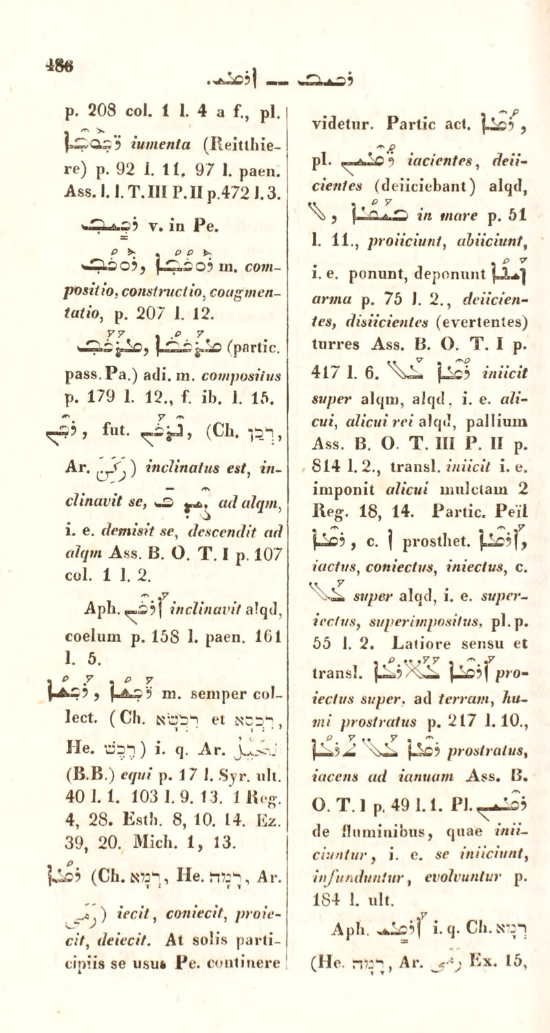 .vjic?! p. 208 coi. 1 1. 4 a f., pl. j^as? iumenta (Reitthie- re) p. 92 1. 11. 97 I. paen. Ass. 1.1. T.III P.II p.472 1.3. v. in Pe. p >■ . p p t~ com- posti io, constructio, coagmen- tatio, p. 207 1. 12. y y % -p. 7 (partic. pass.Pa.) adi. m. composiius p. 179 1. 12., f. ib. 1. 15. ^■»3 y fllt. ^ (Cll. j Ar. ) inclinatus est, wi- — /T\ clinavit se, ad alqm, i. e. demisit se, descendit ad alqm Ass. B. O. T. I p. 107 coi. 1 1. 2. f'. .7 . Aph. inclinavit alqd, coelum p. 158 1. paen. 161 1. 5. \ p y j p y f p&s? m. semper col- lect. (Ch. Nbil et He. ‘ds1-!) i. q. Ar. j^.s\.: (B.B.) equi p. 17 1. Syr. ult. 40 1. 1. 103 1.9. 13. 1 Reg. 4, 28. Esth. 8, 10. 14. Ez. 39, 20. Midi. 1, 13. (Ch. Kfc-i, He. iWn, Ar. ) iecit, coniecit, profe- cit, deiecit. At solis parti- cipiis se usu* Pe. continere m ** P videtur. Partic act. , * P pl. incientes, rfeiV- cieitles (deiiciebant) alqd, ^ j «mre p. 51 1. 11., proliciunt, abiiciunt, . /P 7 i. e. ponunt, deponunt arma p. 75 J. 2., delicien- tes, disiicienles (evertentes) turres Ass. B. O. T. I p. 417 I. 6. j«^£? iniicit super alqm, alqd, i. e. ali- cui, alicui rei alqd, pallium Ass. B. O T. III P. II p. 814 1.2., transi, iniicit i. e. imponit alicui mulctam 2 Reg. 18, 14. Partic. PeiI • <*>_ . . <t>. .y pc? , c. j prostbet. iactus, coniectus, iniectus, c. i j • super alqd, i. e. super- lectus, superimpositus, pl. p. 55 I. 2. Latiore sensu et . t>„,yy . .7 transi. p/JAsi» H^*)! pro- fectus super, ad terram, /t«- »t/ prostratus p. 217 1.10., . o. v .. 7 . p*S.J pC? prostratus, tacens ad ianuum Ass. B. O. T. 1 p. 49 1.1. Pl.^^39 de 11 umiilibus, quae inii- ciuntur, i. e. se iniiciunt, infunduntur, evolvuntur p. 184 1. ult. ,7 Aph. .^C9| i. q. CIl.NU-l (He. nw^, Ar. jeAj Ex. 15,