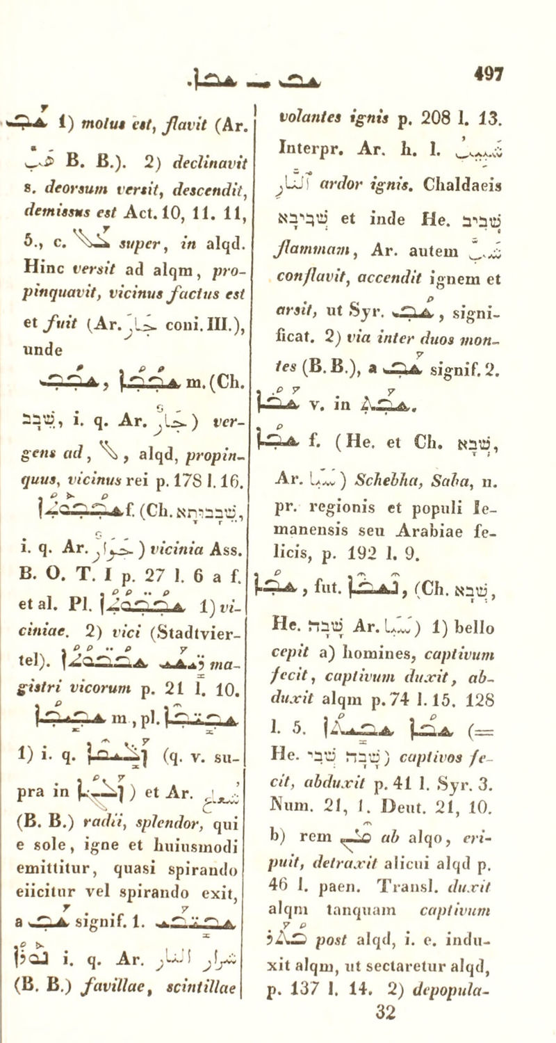 r i) motus est, favit (Ar. B. B.). 2) declinavit 8. deorsum vertit, descendit, demissus est Act. 10, 11. 11, 5., c. Vi super, in alqd. Hinc versit ad alqm, pro- pinquavit, vicinus factus est et fuit (Ar.^L^. coni. III.), unde m.(Ch. i* q- Ar. f-=^) ver- gens ad, \ , alqd, propin- quus, vicinus rei p. 178 1.16. i4i^f.(Ch.Nn^2d, ▼ r •• r; i. q. Ar. () vicinia Ass. B. O. T. I p. 27 1. 6 a f. et al. Pl. j Jr»ZlZla 1) vi- ciniae. 2) r/ct (Stadtvier- - P t> • • p 7 tcl), f 11, mi A VlCt- vicorum p. 21 1. 10. A rn , pl. a ^ i» * X 2 ^ V 7 1) i. q. (q. v. su-l pra in ) et Ar. (B. B.) radii, splendor, qui e sole, igne et Iiuiusmodi emittitur, quasi spirando eiicitur vel spirando exit, r % 7 a ^uk, signi f. 1. z |3cJ i. q. Ar. (B. B.) favillae, scintillae volantes ignis p. 208 1. 13. Interpr. Ar. Ii. 1. ^^5 *• -o ^Lii «n/or igm*. Chaldaeis Niripd et inde He. 1 J 8 flammam, Ar. autem conflavit, accendit ignem et arsit, ut Syr. >.T1 A , signi- ficat. 2) t’i« inter duos mon- tes (B. B.), a ^.fP.A signif. 2. i -p 7 . 7 K i A v. in ^ 14-. f. (He. et Ch. Ar. Lav ) Schebha, Saba, n. pr. regionis et populi le- manensis seu Arabiae fe- licis, p. 192 1. 9. teu,, fut. , (Ch. , He. nat!) Ar. Ldj) 1) bello cepit a) homines, captivum fecit, captivum duxit, ab- duxit alqin p.74 1.15. 128 He. r-nd) captivos fe- cit, abduxit p. 41 1. Syr. 3. Num. 21, 1. Deut. 21, 10. b) rem ab alqo, eri- puit, detraxit alicui alqd p. 46 1. paen. Transi, duxit alqm tanquam captivum 7 0 post alqd, i. e. indu- xit alqm, ut sectaretur alqd, p. 137 I, 14. 2) depopula- 32