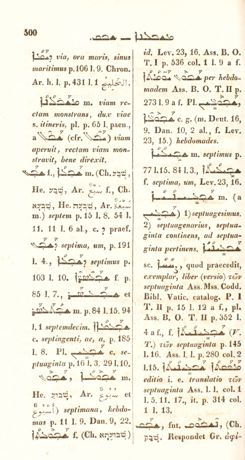 .tociA, — }.i^n ,a V' . 07 j-io*? via, ora maris, sitius maritimus p.106 1. 9. Chron. Ar. h. ]. p. 431 1.1 \0 . 7 A:—Aio m. viam re- ctam monstrans, dux viae s. itineris, pl. p. 65 1. paen., aX^I (cfr.X£I) viam aperuit, redam viam mon- stravit, bene direxit. 7 .07 i., fAiiuk m. (Ch. , t Go . He. Ar. f., Ch. G v u * jwaii), He. fricui, Ar. m.) septem p. 15 i. 8. 54 1. 11. 11 1. 6 al., c. 5 praef. 7 7 septima, um, p. 191 .07 I. 4., septimus p. 103 I. 10. f. p. 85 1. 7., K-A-cLa et m. p. 84 1.15. 94 .. O 7 J. 1 seplemdecitn. | c. septingenti, ae, a, p. 185 1. 8. Pl. C.A c. se- ptuaginta p. 16 1. 3. 29 1.10. >7 . o > 7 vvn.riA-, ^Q^.,4 m. o > > He. Ar* C o-> av et T * ^ JJli) septimana, hebdo- mas p. 11 1. 9. Dan. 9, 22. jA^a£XA f. (Ch. «wjajww) id. Lev. 23, 16. Ass. B. O. T. I p. 536 coi. 1 1. 9 a f. D 0-7 >■ 7 Aio C* per hebdo- tnadem Ass. B. O. T. II p. 273 1.9 a f. Pl. X = • T' >* 7 (.«OCIA c. g. (m. Dent. 16, 9. Dan. 10, 2 al., f. Lev. 23, 15.) hebdomades. .00 m. septimus p. 771.15. 841.3., YLLsZla. as f. septima, um, Lev. 23, 16. • P O 7 m. (a v A ) i) septuagesimus. 2) septuagenarius, septua- ginta continens, «</ septua- . * ^ v ginta perlinens. . p o sc. . , quod praecedit, • • exemplar, liber (versio) riiiv septuaginta Ass. Mss. Codd. Bibi. Vatie, catalog. P. 1 T. II p. 15 1. 12 a f., pl. Ass. B. O. T. II p. 352 1. 4 a f., f. \LS+^zJL (V. T.) lior septuaginta p. 145 1.16. Ass. 1.1. p. 280 coi. 2 1.15. ] Accio 3: editio i. e. translatio tiZv septuaginta Ass. 1. 1. coi. 1 1. 5.11. 17., it. p. 314 coi. 1 1. 13. fut. .«OOOCAJ, (Ch. P5'i5. llespondet Cr. capi-