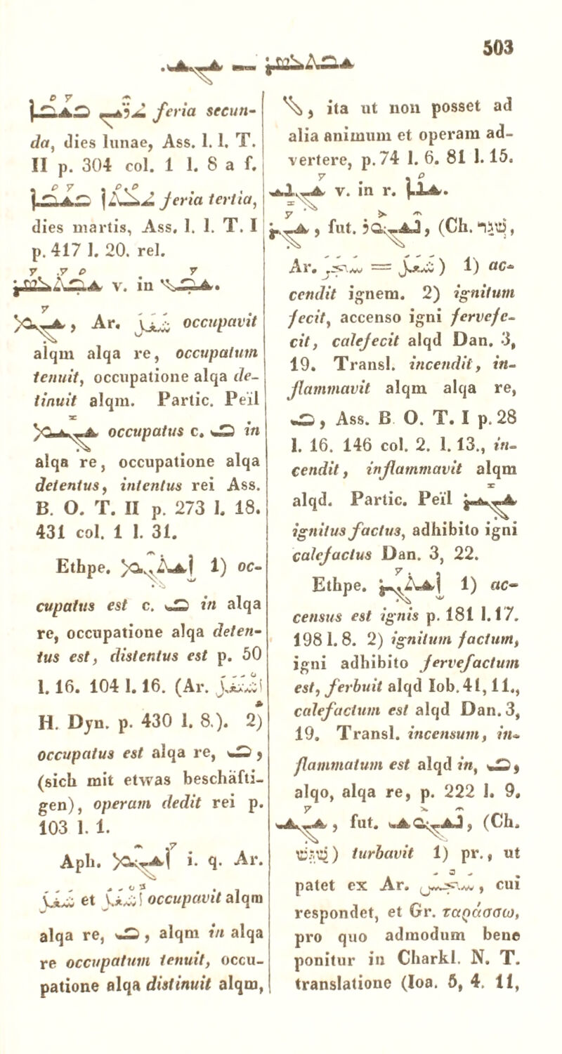 * d y ** | ^ fer ia secun- da, Jies lunae, Ass. 1.1. T. II p. 304 coi. 1 1. 8 a f. | jeria iertia, dies uiartis, Ass. 1. 1. T. I p. 417 1. 20. rei. y .7 e> 7 v. in Ar. occupavit alqm alqa re, occupatum tenuit, occupatione alqa de- tinuit alqm. Partic. Peil occupatus c. w2 in alqa re, occupatione alqa detentus, intentus rei Ass. B. O. T. II p. 273 I. 18. 431 coi. 1 1. 31. Ethpe. 1) oc- ^ w cupatus est c. in alqa re, occupatione alqa deten- tus est, distentus est p. 50 1.16. 104 1.16. (A r» ' 9> H. Dyn. p. 430 1. 8.). 2) occupatus est alqa re, 5 (sicli mit etvvas beschafti- gen), operum dedit rei p. 103 1. 1. <■* .7 Aph. *• 9* Ar* jjL; et yjt&\ occupavit alqm alqa re, ^, alqm in alqa re occupatum tenuit, occu- patione alqa distinuit alqm, ^, ita ut non posset ad alia animum et operam ad- vertere, p.74 1. 6. 81 1.15. v. in r. , fut. ja-j-AJ, (Ch. Ar. ^s\*g = ) 1) °c•= cendit ignem. 2) ignitum fecit, accenso igni fervefe- cit, calefecit alqd Dan. 3, 19. Transi, incendit, in- flammavit alqm alqa re, •O, Ass. B O. T. I p. 28 I. 16. 146 coi. 2. 1.13., *«- cendit, inflammavit alqm * alqd. Partic. Peil $**.-,£* ignitus factus, adhibito igni calefactus Dan. 3, 22. Ethpe. 1) ac- census est ignis p. 181 1.17. 1981.8. 2) ignitum factum, igni adhibito fervefactum est, ferbuit alqd Iob.4l, 11., calefactum est alqd Dan. 3, 19. Transi, incensum, in- flammatum est alqd in, alqo, alqa re, p. 222 1. 9. y x ^ 'mJk*2 fllt# ta A> A 3 3 (Cii* tBSUl) turbavit 1) pr., ut cui patet ex Ar. 0*, respondet, et Gr. raQaooto, pro quo admodum bene ponitur in Charkl. N. T. translatione (Ioa. 5, 4. 11,