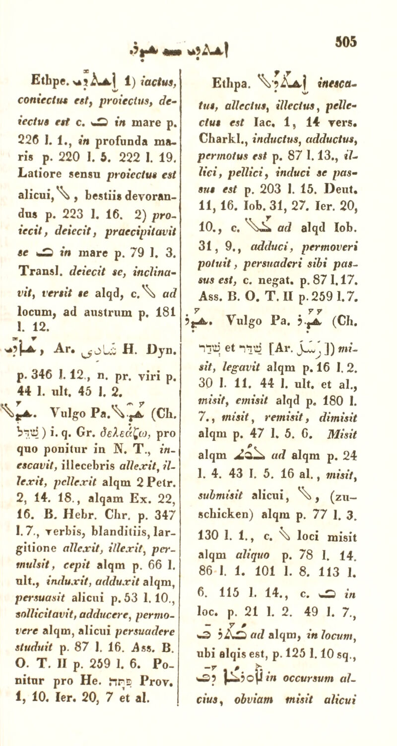 Ethpe. 1) iactus, • w coniectu* est, protectus, de- tectus est c. wJ 1*7» mare p. 226 I. 1., w» profunda ma- ris p. 220 1. 5. 222 1. 19. Latiore sensu protectus est alicui,^, bestiis devoran- dus p. 223 1. 16. 2) pro- ierit, deiecit, praecipitavit se JZ in mare p. 79 I. 3. Transi, deiecit se, inclina- vit, versit se alqd, c.\ ad locum, ad austrum p. 181 1. 12. *»?}-*> Ar. O W.w H. Dyn. p. 346 1. 12., n. pr. viri p. 44 1. ult. 45 I. 2. Vulgo Pa.^ jA (Cii. ) i. q. Gr. delecc^io, pro quo ponitur in N. T., in- escavit, illecebris allexit, il- lexit, pellexit alqm 2Petr. 2, 14. 18., alqam Ex. 22, 16. B. Hebr. Chr, p. 347 I.7., verbis, blanditiis, lar- gitione allexit, illexit, per- mulsit, cepit alqm p. 66 1. ult., induxit, adduxit alqm, persuasit alicui p. 53 1.10., sollicitavit, adducere, permo- vere alqm, alicui persuadere studuit p. 87 1. 16. Ass. B. 0. T. II p. 259 1. 6. Po- nitur pro He. }irE Prov. 1, 10. ler. 20, 7 et ai. Ell.pa, Viu.) inesca- tus, allectus, illectus, pelle- ctus est lac, 1, 14 vers. Charkl., inductus, adductus, permotus est p. 87 1.13., il- lici, pellici, induci se pas- sus est p. 203 1. 15. Deut. 11, 16. Iob. 31, 27. ler. 20, 10., c. ad alqd Iob. 31, 9., adduci, permoveri potuit, persuaderi sibi pas- sus est, c. negat, p. 87 1.17. Ass. B. O. T. II p. 259 1.7. Vulgo Pa. (Ch. • • 1 jU5 et [Ar. J-l ( ]) mi- sit, legavit alqm p. 16 I. 2. 30 I. 11. 44 I. ult. et al., misit, emisit alqd p, 180 I. 7., misit, remisit, dimisit alqm p. 47 1. 5. 6. Misit alqm .^3^ ad alqm p. 24 1. 4. 43 I. 5. 16 al., misit, submisit alicui, ^, (zu- schicken) alqm p. 77 1. 3. 130 1. 1., c. ^ loci misit alqm aliquo p. 78 1. 14. 86 I. 1. 101 1. 8. 113 1. 6. 115 1. 14., c. wj in loc. p. 21 1. 2. 49 1. 7., -70 O ad alqm, in locum, ubi alqis est, p. 125 1.10 sq., O) )»—?cji in occursum al- cius, obviam misit alicui