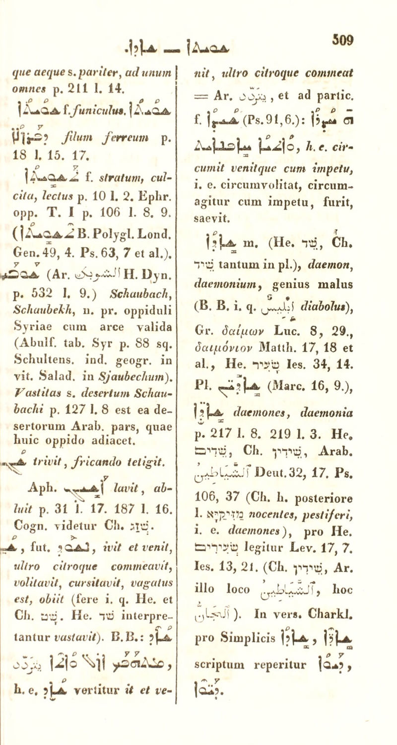 •!?U- que aeque s. pariter, ad unum omnes p. 211 I. 14. .o e ^ . a p AaOA. i.funiculus, jk.AQJk, •*p 7 fdum ferreum p. 18 1. 15. 17. j £ 7. | J. f. stratum, cui- 3= citu, lectus p. 10 1. 2. Eplir. opp. T. I p. 106 1. 8. 9. ( B. Polygl. Lond. Gen.49, 4. Ps. 63, 7 et al.). y v / (Ar. H. Dyn. p. 532 1. 9.) Schuubach, Schutibekh, u. pr. oppiduli Syriae cum arce valida (Abuif. tab. Syr p. 88 sq. Schultens. ind. geogr. in vit. Salad. in Sjatibechum). Vastitas s. desertum Schati- bachi p. 127 1. 8 est ea de- sertorum Arab. pars, quae huic oppido adiacet. P ..—A, trivit, fricando tetigit. .7 Aph. Juvit, ab- luit p. 31 T. 17. 187 1. 16. Cogn. ridetur Ch. 3Td. e > «▲. , fut. .*> ci-aA, ivit et venit, ultro cilroque commeavit, volitavit, cursitavit, vagatus est, obiit (fere i. q. He. et Ch. ad. He. Tii interpre- . f 0 tantur vastavit). B.B.: 5|_&. . 0 . h. e, 5 La. vertitur it et ve- • w nit, ultro citroque commeat = Ar. , et ad parlic. f. (Ps.91,6.): ci o, A. e. cir- cumit venitque cum impetu, i. e. circumvolitat, circum- agitur cum impetu, furit, saevit. m, (He. vd, Ch, Yd tantum in pl.), daemon, daemonium f genius malus (B. B. i. q. diabolus),  i* Gr. dciipa)v Luc. 8, 29., dcnpoviov JMattli. 17, 18 et al., He. Y?d Ies. 34, 14. Pl. (31arc. 16, 9.), j jf-A- daemones, daemonia p. 217 1. 8. 219 1. 3. He. tYYd, Ch. pYd, Arab. L^ccJ j Deut.32, 17. Ps. 106, 37 (Ch. h. posteriore 1. tYpJY? nocentes, pestiferi, i. e. daemones), pro He. dYY2b legitur JLev. 17, 7. Ies. 13, 21. (Ch. pYd, Ar. illo loco hoc ). In ver». Charkl. pro Simplicis I?!-*» 5 * scriptum repentur , * •