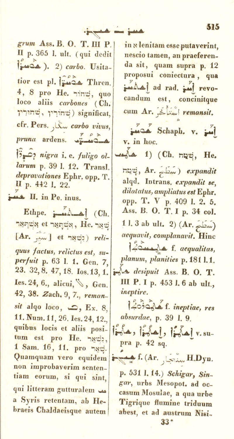 grUtn Ass. B. O. T. III P. II p. 365 1. ult. (qui dedit ,p > ). 2) carbo. Usita- tior est pl. Thren. 4, 8 pro He. ‘vima, quo loco aliis carbones (Cii. PWtt» i V^nnui) significat, cfr. Pers. carbo vivus, y p >• pruna ardens. Pt-°? ni'gra i. e. fuligo ol- larum p. 39 1. 12. Transi. depravationes Ephr. opp. T. II p. 442 I. 22. y II. in Pe. inus. Ethpe. fcj (Ch. w “uXn/viix et -iNFidN, He. -uxiu • • t : ” T LAr. .^j et -1NU53) reli- quus factus, relictus est, su- perfuit p. 63 1. 1. Gen. 7, 23. 32,8. 47,18. Ios.13,1. les. 24, 6., alicui, ^ , Gen. 42, 38. Zach. 9, 7., reman- sit alqo loco, wl, Ex. 8, 11. Num. 11,26. les. 24,12., quibus locis et aliis posi- tum est pro Ile. -uva:, 1 Sam. 16, 11. pro -iNd. Quamquam vero equidem non improbaverim senten- tiam eorum, si qui sint, qui litteram gutturnlem a Syris retentam, ab He- braeis Chaldaeisque autem in N lenitam esse putaverint, nescio tamen, an praeferen- da sit, quam supra p. 12 proposui coniectura , qua y. . y ad rad. j.^1 revo- candum est, concinitque cum Ar. - - l , o y^lv*vl remansit. £ y y y Schaph. v. j.4a| v. in lioc. y ^4^ 1) (Cb. ntau5, He. n^'d, Ar. £.L.w) expandit alqd. Intrans, expandit se, dilatatus, ampliatus est Ephr, opp. T. V p. 409 1. 2. 5. Ass. B. O. T. I p. 34 coi. 1 1. 3 ab ult. 2) (Ar. g&J) aequavit, complanavit. Hinc f. aequalitas, planum, planities p. 181 1.1. y desipuit Ass. B. O. T. III P. I p. 453 I. 6 ab ult., ineptire. |^.o?Q^Uk.f. ineptiae, res absurdae, p. 39 1. 9. ItMl v. su- pra p. 42 sq. f. (Ar. H.Dyn. p. 531 1. 14.) Schigar, Sin- gar, urbs Mesopot. ad oc- casum Mosulae, a qua urbe Tigrique /lumine triduum abest, et ad austrum Nisi, 33*