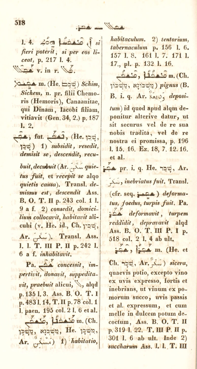 .pUA, M 1. 4. 4om vf si fieri poterit, si per eos li- ceat, p. 217 J. 4. v. in r. m. (He. tosti)) Schim, Sichem, n. pr. lilii Chemo- ris (Hemoris), Canaanitae, qui Dinam, Iacobi filiam, vitiavit (Gen.34, 2.) p. 187 1. 2. ) fnt. , (He. , 1512J ) 1) sub sidit, resedit, demisit se, descendit, recu- buit, decubuit (Ar. v** quie- tus fuit, et recepit se alqo quietis causa). Transi, de- missus est, descendit Ass. B. O. T. II p. 243 coi. 1 1. 9 a f. 2) consedit, domici- lium collocavit, habitavit ali- cubi (v. He. id., Ch. “pstlj', Ar. yXw). Transi. Ass. 1. 1. T. III P. II p. 242 1. 6 a f. inhabitavit. T y Pa. concessit, im- pertivit, donavit, suppedita- vit, praebuit alicui, alqd p. 135 1.3. Ass. B. O. T. I p. 4831.14. T.II p.78 coi. 1 1. paen. 195 coi. 2 1. 6 etal. m. (Ch. ‘jsttjw, t»3lljW> He. ‘jSlljtt, Ar. 1) habitatio, .'W, habitaculum. 2) tentorium, tabernaculum p. 156 1. 6. 157 I. 8. 161 1. 7. 171 1. 17., pl. p. 132 1. 16. 0 /r» p p /t\ _£.A,lc, m. (Ch. ‘pStritt, ) pignus (B. B. i. q. Ar. njij O. deposi- tum) id quod apud alqm de- ponitur alterive datur, ut sit securus vel de re sua nobis tradita, vel de re nostra ei promissa, p. 196 1. 15. 16. Ez. 18, 7. 12.16. et al. 7 pr. i. q. He. “)SU3, Ar. A.w, inebriatus fuit. Transi. (cfr. seq. i ) dejorma- tus, joedus, turpis fuit. Pa. V 7 deformavit, turpem reddidit, depravavit alqd Ass. B. O. T. III P. I p. 518 coi. 2 1. 4 ab ult. V ~ .P 7 , |^-A m. (He. et Q Ch. SStl), Ar. a*v) sicera, quaevis potio, excepto vino ex uvis expresso, fortis et inebrians, ut viuum ex po- morum succo, uvis passis et al. expressum, et cum meile in dulcem potum de- coctum, Ass. B. O. T. II p. 319 1. 22. T. III P II p. 301 1. 6 ab ult. Inde 2) saccharum Ass. 1. I. T. ID