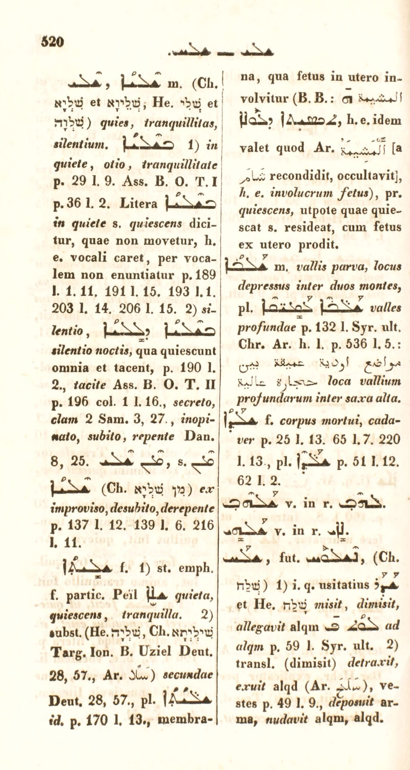 620 M» ■ aL.A , ^A IU. (CIl. ' trbl» et Nrbia, He. •'biri et1 inibit?) quies, tranquillitas, silentium, f a \ a S 1) m quiete, o/io, tranquillitate p. 29 I. 9. Ass. B. O. T. I *■ p ^ p. 36 1. 2. Litera j * Va in quiete s. quiescens dici- tur, quae non movetur, h. e. vocali caret, per voca- lem non enuntiatur p. 189 1. 1.11. 191 1.15. 193 1.1. 203 1. 14. 206 1. 15. 2) si- lentio , 1-2% silentio noctis, qua quiescunt omnia et tacent, p. 190 1. 2., tacite Ass. B. O. T. II p. 196 coi. 1 1.16., secreto, clam 2 Sam. 3, 27., inopi- nato, subito, repente Dan. 8, 25. 8.^2 p *r\ (Ch. iobit? *pa) ex improviso, desubiio, derepente p. 137 1. 12. 139 1. 6. 216 I. 11. jZuJbtA, f. 1) st. emph. f. partic. Peil quieta, quiescens, tranquilla. 2) iubst. (He. rrbui, Ch. Targ. Ion. B. Uziel Deut. 28, 57., Ar. X*) secundae Deut. 28, 57., pl. 142^ id. p. 170 1. 13., membra- na, qua fetus in utero in- volvitur (B. B.: Gl H* *1 ficXp jZuJtoj;, h. e. idem valet quod Ar. [a recondidit, occultavit], //. e. involucrum fetus), pr. quiescens, utpote quae quie- scat s. resideat, cum fetus ex utero prodit. 3 p\ y f m. vallis parva, locus depressus inter duos montes, pl. j o “ | Xa valles profundae p. 132 1. Syr. ult. Chr. Ar. h. 1. p. 536 1.5.: jo O JI suilx. loca vallium profundarum inter saxa alta. • P.7 (|Xa. f. corpus mortui, cada- ver p. 25 1. 13. 65 1.7. 220 1.13., pl. p. 51 1.12. 62 1. 2. v. in r. v. in r. = a: fut. ■ -ri^A 1, (Ch. .y y nbd ) 1) i. q. usitatius ij-A et He. fibili misit, dimisit, allegavit alqm -3 ad alqm p, 59 1. Syr. ult. 2) transi, (dimisit) detraxit, exuit alqd (Ar. -;%!.*), ve- stes p. 49 1. 9., deposuit ar- ma, nudavit alqm, alqd.