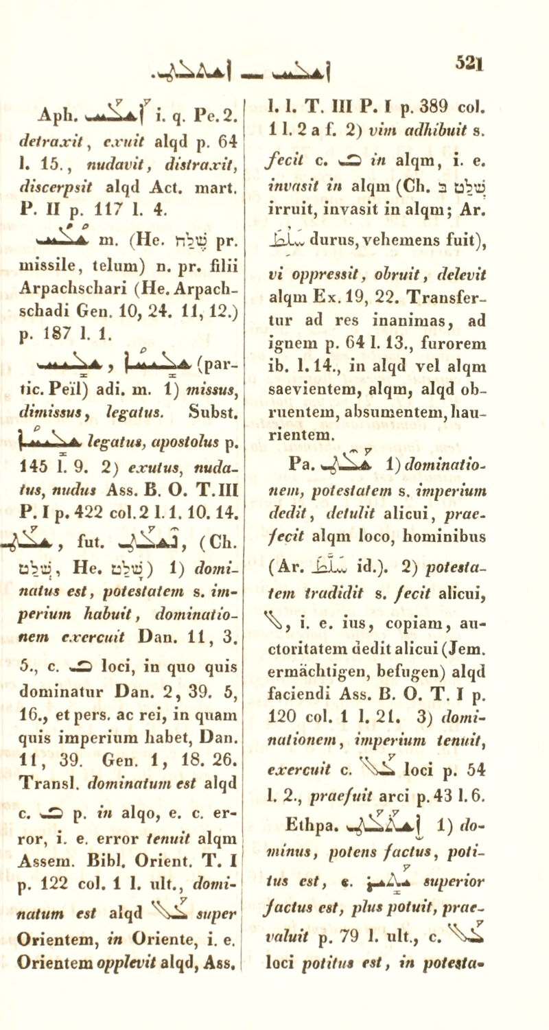 • mmm - — X- A | Aph. j i. q. Pe. 2. detraxit, exuit alqd p. 64 I. 15., nudavit, distraxit, discerpsit alqcl Act. mart. P. II p. 117 1. 4. i»A m. (He. nbui pr. missile, telum) n. pr. filii Arpachschari (He. Arpach- schadi Geu. 10, 24. 11, 12.) р. 187 1. 1. v. ** * \ A , (par- tic. Peil) adi. m. 1) missus, dimissus, legatus. Subst. legatus, apostolus p. 145 1. 9. 2) exutus, nuda- tus, nudus Ass. B. O. T.III P.Ip. 422 coi.2 1.1.10.14. fut. (Ch. tabui, He. tabui) 1) domi- natus est, potestatem s. im- perium habuit, dominatio- nem exercuit D au. 11, 3. 5., c. loci, in quo quis dominatur Dan. 2, 39. 5, 16., et pers. ac rei, in quam quis imperium habet, Dan. II, 39. Gen. 1, 18.26. Transi, dominatum est alqd с. -Z. p. in alqo, e. c. er- ror, i. e. error tenuit alqm Assem. Bibi. Orient. T. I p. 122 coi. 1 1. ult., domi- natum est alqd super Orientem, in Oriente, i. e. Orientem opplevit alqd, Ass,i I. 1. T. III P. I p. 389 coi. II. 2 a f. 2) vim adhibuit s. fecit c. in alqm, i. e. invasit in alqm (Ch. a tabui irruit, invasit in alqm; Ar. _b!w durns, vehemens fuit), vi oppressit, obruit, delevit alqm Ex. 19, 22. Transfer- tur ad res inanimas, ad ignem p. 64 1.13., furorem ib. 1.14., in alqd vel alqm saevientem, alqm, alqd ob- ruentem, absumentem, hau- rientem. . — 7 Pa. 1) dominatio- nem, potestatem s. imperium dedit, detulit alicui, prae- fecit alqm loco, hominibus (Ar. _bL« id.). 2) potesta- tem tradidit s. fecit alicui, i. e. ius, copiam, au- ctoritatem dedit alicui (Jem. ermachtigen, befugen) alqd faciendi Ass. B. O. T. I p. 120 coi. I I. 21. 3) domi- nationem, imperium tenuit, exercuit c. loci p. 54 1. 2., praefuit arci p. 43 1.6. Ethpa. 1) do- minus, potens factus, poti- 7 tus est, e. superior jactus est, plus potuit, prae- valuit p. 79 1. ult., c. loci potitus est, in potesta•