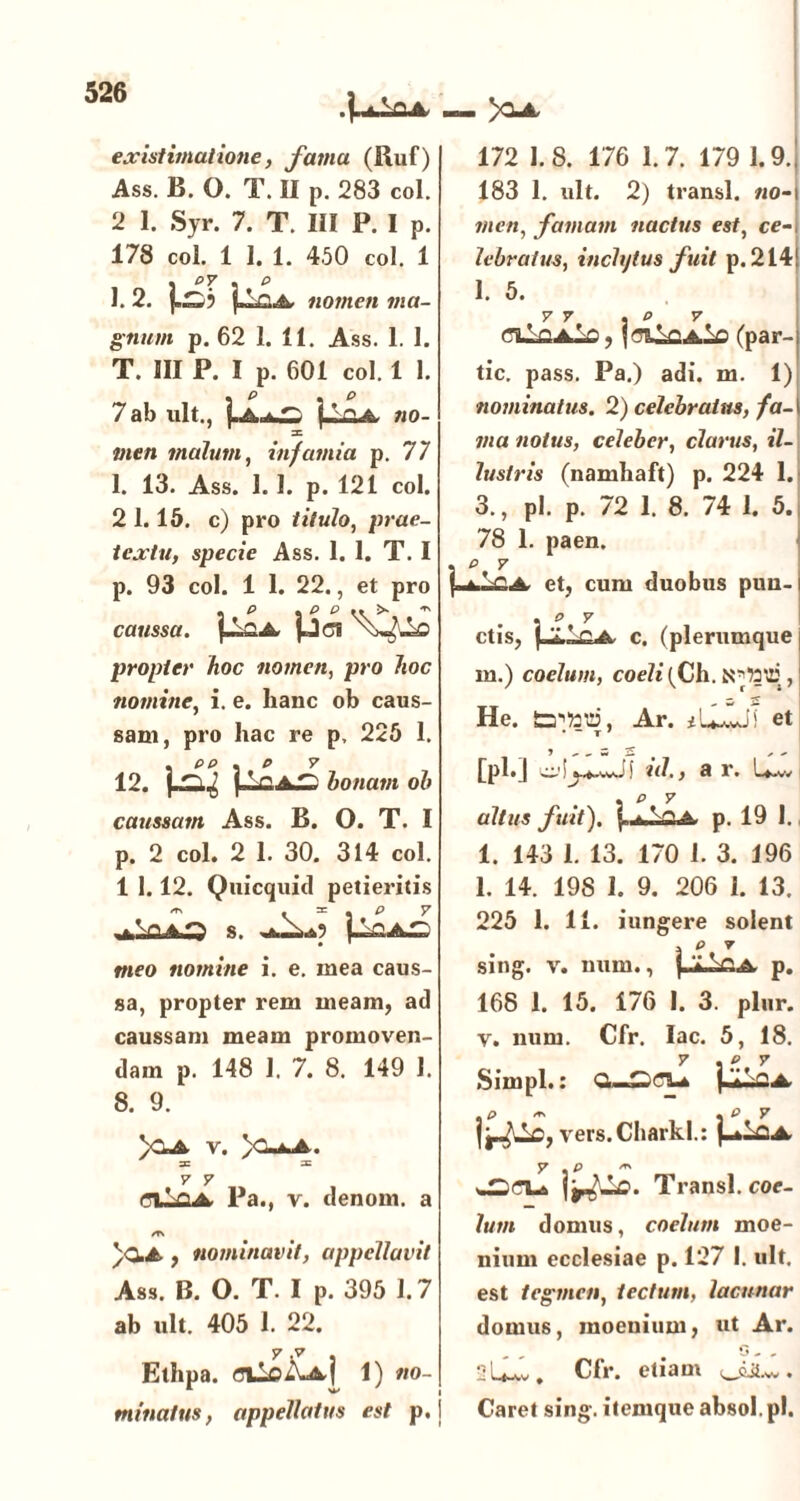 .j.Alfl A. __ yajL existimatiotie, fama (lluf) Ass. B. Q. T. II p. 283 coi. 2 1. Syr. 7. T. III P. I p. 178 coi. 1 1. 1. 450 coi. 1 . py , p 1. 2. j.Sj nomen ma- gnum p. 62 1. II. Ass. 1. 1. T. III P. I p. 601 coi. 1 1. . p . p 7 ab ult., no- men malum, infamia p. 77 1. 13. Ass. 1.1. p. 121 coi. 2 1.15. c) pro titulo, prae- textu, specie Ass. 1. 1. T. I p. 93 coi. 1 1. 22., et pro , p . p p .. >• * caussa. p&A pd propter hoc nomen, pro hoc nomine, i. e. lianc ob caus- sam, pro hac re p, 225 1. , pp . p y 12. p^ p ^ a bonam ob caussam Ass. B. O. T. I p. 2 coi. 2 1. 30. 314 coi. 1 1.12. Quicquid petieritis X' . = . P V s. meo nomine i. e. mea caus- sa, propter rem meam, ad caussam meam promoven- dam p. 148 1. 7. 8. 149 1. 8. 9. )0»A V. )<UA. s =C V 7 CiIiOA. Pa., v. denom. a /T\ , nominavit, appellavit Ass. B. O. T. I p. 395 1.7 ab ult. 405 1. 22. Elhpa. fllioA-A.1 1) no- minatus, appellatus est p. j 172 1.8. 176 1.7. 179 I.9.j 183 1. ult. 2) transi, no-1 men, famam nactus est, ce lebratus, inclytus fuit p. 214 l. 5. v y , p y oloA^fi, (par-; tic. pass. Pa.) adi. m. 1) nominatus. 2) celebratus, fa-\ mu notus, celeber, clarus, il- lustris (namhaft) p. 224 1.1 3., pl. p. 72 1. 8. 74 1. 5. 78 1. paen. . p y et, cum duobus puu- . o y ctis, c. (plerumque m. ) coelum, coeli (Ch. , He. fcpfct», Ar. et * ~ T * * .. .. M 2 , - uh, 3 r. altus fuit). U&A. p. 19 J. 1. 143 1. 13. 170 1. 3. 196 1. 14. 198 1. 9. 206 I. 13. 225 1. 11. iungere solent j p r sing. v. num., { p. 168 1. 15. 176 I. 3. plur. v. num. Cfr. lac. 5, 18. 7 , p y Simpl.: p_£A . p <r> , p y j^-lc, vers.Charkl.: 7 . P ** Transi, coe- lum domus, coelum moe- nium ecclesiae p. 127 I. ult. est tegmen, tectum, lacunar domus, moenium, ut Ar. _ *3 ~ „ 2U*v. Cfr. etiam . Caret sing. itemque absol pl.