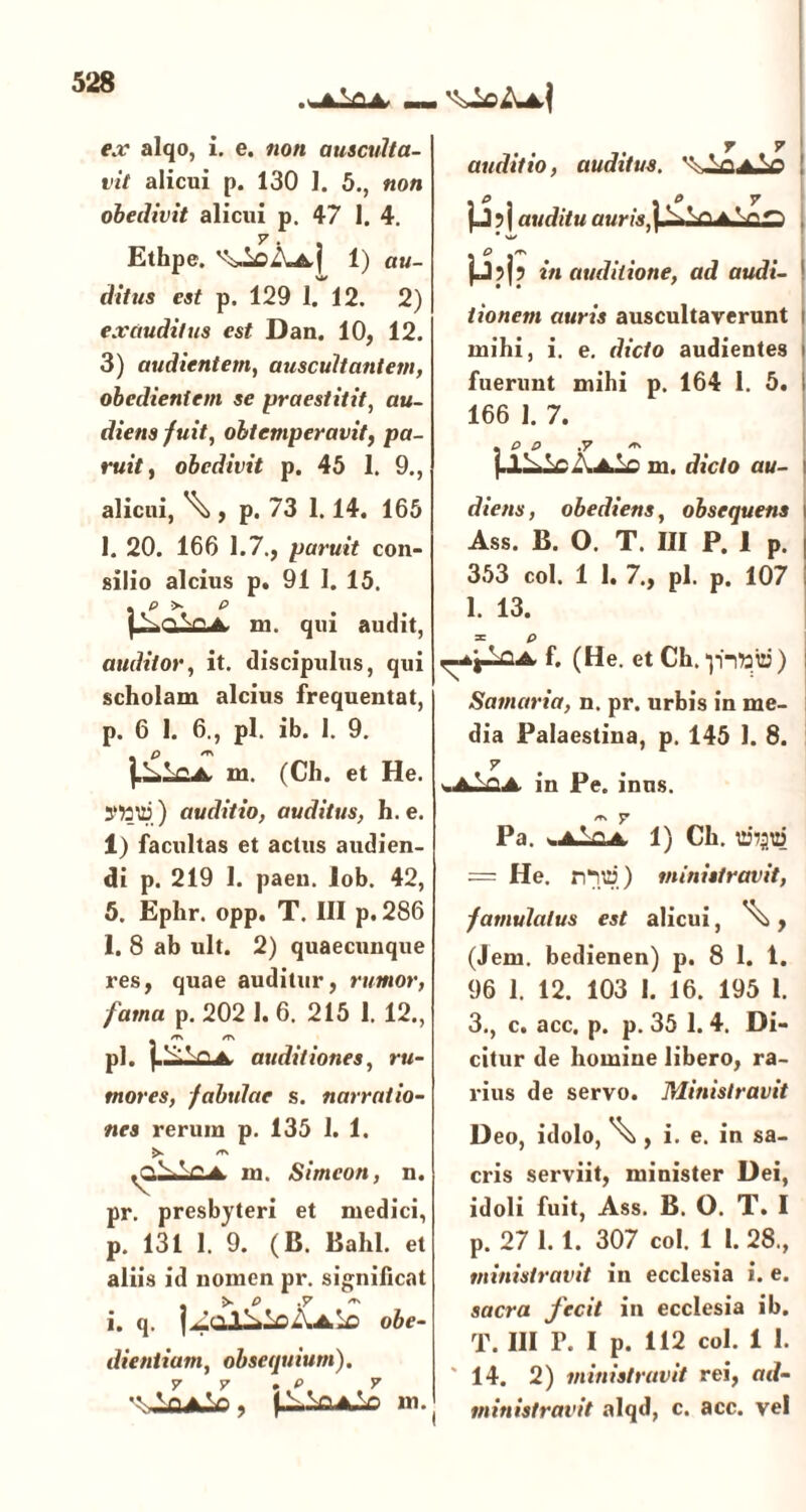 ex alqo, i. e. non ausculta- vit alicui p. 130 1. 5., non obedivit alicui p. 47 1. 4. Ethpe. 1) au- ditus est p. 129 1. 12. 2) exauditus est Dan. 10, 12. 3) audientem, auscultantem, obedientem se praestitit, au- diens fuit, obtemperavit, pa- ruit , obedivit p. 45 1. 9., alicui, \, p. 73 1.14. 165 1. 20. 166 1.7., paruit con- silio alcius p. 91 1. 15. P >• P VnVva. m. qui audit, auditor, it. discipulus, qui scholam alcius frequentat, p. 6 1. 6., pl. ib. 1. 9. j.LilcA. m. (Ch. et He. 5>to12i) auditio, auditus, h. e. 1) facultas et actus audien- di p. 219 I. paeu. lob. 42, 5. Ephr. opp. T. III p. 286 1. 8 ab ult. 2) quaecunque res, quae auditur, rumor, fama p. 202 1. 6. 215 1. 12., m m pl. auditiones, ru- mores, fabulae s. narratio- nes rerum p. 135 1. 1. /TN a m. Simcon, n. pr. presbyteri et medici, p. 131 1. 9. (B. Bahl. et aliis id nomen pr. significat i. q. obe- dientiam, obsequium). 7 v . p 7 m. 7 7' auditio, auditus. vv ^ a Vn j . P - • P 7 p ? j auditu , O (Jpjp iti auditione, ad audi- 1 tionem auris auscultaverunt i mihi, i. e. dicto audientes i fuerunt mihi p. 164 1. 5. i 166 1. 7. diens, obediens, obsequens Ass. B. O. T. III P. 1 p. 353 coi. 1 1. 7., pl. p. 107 1. 13. = P f. (He. et Ch. ■j-hfcttj ) Samaria, n. pr. urbis in me- dia Palaestina, p. 145 1. 8. 7 s A.ViA. in Pe. inus. Pa. -a’.-'a i) Ch. = He. n“nii) ministravit, famulatus est alicui, , (Jem. bedienen) p. 8 1. 1. 96 1. 12. 103 I. 16. 195 1. 3., c. acc. p. p. 35 1. 4. Di- citur de homine libero, ra- rius de servo. Ministravit Deo, idolo, ^ , i. e. in sa- cris serviit, minister Dei, idoli fuit, Ass. B. O. T. I p. 27 1.1. 307 coi. 1 1. 28., ministravit in ecclesia i. e. sacra Jecit in ecclesia ib. T. III r. I p. 112 coi. 1 1. 14. 2) ministravit rei, ad- I ministravit alqd, c. acc. vel