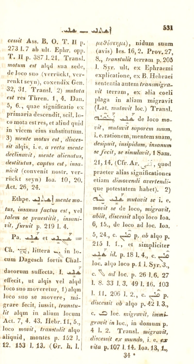 cessit Ass. B. O. T. II p. 273 I. / ab 1111. Ephr. opp. T. I[ p. 3S7 1.21. Transi. motum est alqd sua sede, de loco suo (verriickt, ver- renkt seyn), coxendix Gen. 32, 31. Transi. 2) mutata est res Thren. 1, 4. Da». 5, 6., quae significatio ex primaria descendit, scii, lo- co mota est res, et aliud quid in vicem eius substitutum. 3) mente motus est, disces- sit alqis, i. e. a recta mente declinavit, mente alienatus, destitutus, captus est, insa- nivit (convenit nostr. ver- riickt seyn) Ioa. 10, 20. Act. 26, 24. Ethpe. mente mo- tus, insanus f actus est, vel talem se praestitit, insani- vit, furuit p. 219 1. 4. Pa. et vj = = =c Ch. , littera ... in lo- cum Dagesch fortis Chal- daeorum suffecta. I. 2C eflecit, ut alqis vel alqd loco suo moveretur, l)alqm loco suo se movere, mi- grare fecit, iussit, transtu- lit alqm in alium locum Act. 7, 4. 43. JIebr. 11, 5., loco movit, transtulit alqo aliquid, montes p. 152 1. 12. 153 1. 13. (Gr. h. 1, /uey9ioTi]{u)} nidum suum (avis) !es. 16,2. Prov.27, 8., transtulit ter ram p. 205 1. Syr. ult. ex Epliraemi explicatione, ex B. Hebraei sententia autem transmigra- vit terram, ex aiia coeli plaga in aliam migravit (Lat. mutavit loc.) Transi. , v 7 >> 1 j, de loco mo- vit, mutavit saporem suum, i. e. rationem, mentem suam, desipuit, insipidum, insanum se fecit, se simulavit, 1 Sam. 21, 14. (Cfr. Ar. ^.1'V, quod praeter alias significationes etiam dimovendi avertendi- que potestatem habet). 2) V ^ mutavit se i. e. w a; movit se de loco, migravit, abiit, discessit alqo loco Ioa. 6, 15., de loco ad loc. Ioa. «T\ 5, 24., c. p. ab alqo p. 215 1. 1., et simpliciter -ulA. id. p. 18 1. 4., c. loc. alqo loco p. 1 1. Syr. 3#> c. ad loc. p. 26 1.6. 27 1. 8. 33 1. 3. 49 1. 16. 103 «. H. 206 1. 2., c. ^ p. discessit ab alqo p. 42 1. 3., c- loc. migravit, immi- gravit m loc., in domum p. 4 1. 2. Transi, migravit, discessit ex mundo, i. e. ex vita p. 107 1.14. Ioa. 13, t,,