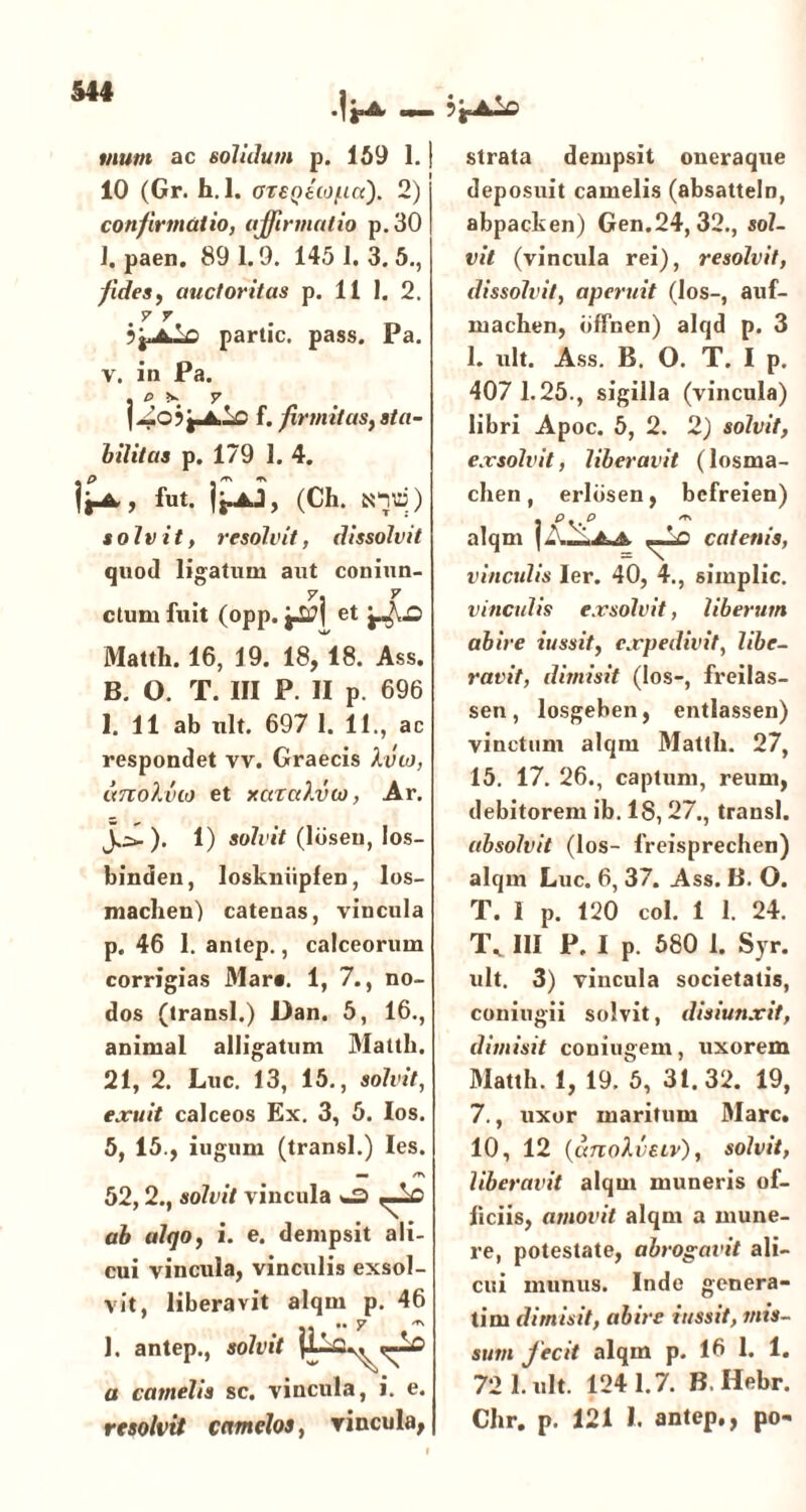 mum ac solidum p. 159 1.1 10 (Gr. h. 1. oreQuopa). 2) confirmatio, affirmatio p.30 ]. paen. 89 1.9. 145 I. 3. 5., fides, auctoritas p. 11 1. 2. . v r partic. pass. Pa. y. in Pa. . o n y f. firmitas, sta- bilitas p. 179 1. 4. jj-a,, fut. (Ch. ) solvit, resolvit, dissolvit quod ligatum aut coniun- 7. V ctum fuit (opp. et Matth. 16, 19. 18, 18. Ass. B. O. T. III P. II p. 696 1. 11 ab ult. 697 1. 11., ac respondet vv. Graecis Xvuj, unoXvio et xaraXva), Ar. 1) solvit (loseu, Ios- binden, loskniipfen, los- machen) catenas, vincula p. 46 I. antep., calceorum corrigias Mar». 1, 7., no- dos (transi.) Dan. 5, 16., animal alligatum Mattii. 21, 2. Luc. 13, 15., solvit, exuit calceos Ex. 3, 5. Ios. 5, 15., iugum (transi.) Ies. 52,2., solvit vincula ab ulqo, i. e. dempsit ali- cui vincula, vinculis exsol- vit, liberavit alqm p. 46 1, antep., solvit a camelis sc. vincula, i. e. resolvit camelos, vincula, strata dempsit oneraque deposuit camelis (absatteln, abpacken) Gen.24, 32., sol- vit (vincula rei), resolvit, dissolvit, aperuit (Ios-, auf- rnachen, bffnen) alqd p. 3 1. ult. Ass. B. O. T. I p. 407 1.25., sigilla (vincula) libri Apoc. 5, 2. 2) solvit, exsolvit, liberavit (losma- chen, erlosen, befreien) . P . . P ers alqm (La_a. catenis, vinculis Ier. 40, 4., simplic. vinculis exsolvit, liberum abire iussit, expedivit, libe- ravit, dimisit (Ios-, freilas- sen, losgeben, entlassen) vinctum alqm Matth. 27, 15. 17. 26., captum, reum, debitorem ib. 18, 27., transi. absolvit (Ios- freisprechen) alqm Luc. 6, 37. Ass. B. O. T. 1 p. 120 coi. 1 1. 24. 1\ III P. I p. 580 1. Syr. ult. 3) vincula societatis, coniugii solvit, disiunxit, dimisit coniugem, uxorem Matth. 1, 19. 5, 31.32. 19, 7., uxor maritum Mare. 10, 12 (anoXveiv), solvit, liberavit alqm muneris of- ficiis, amovit alqm a mune- re, potestate, abrogavit ali- cui munus. Inde genera- tim dimisit, abire iussit, tnis- surn Jecit alqm p. 16 1. 1. 72 1. ult. 1241.7. B Hebr. Chr. p. 121 1. antep., po-